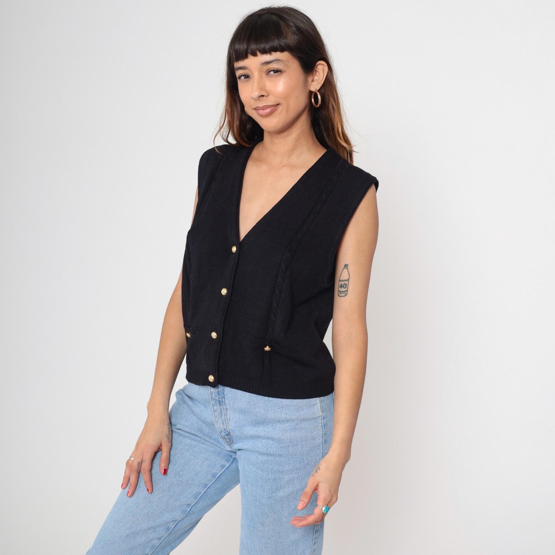 90s Black Knit Vest Deep V Neck Button Front Sleeveless Cardigan Medium