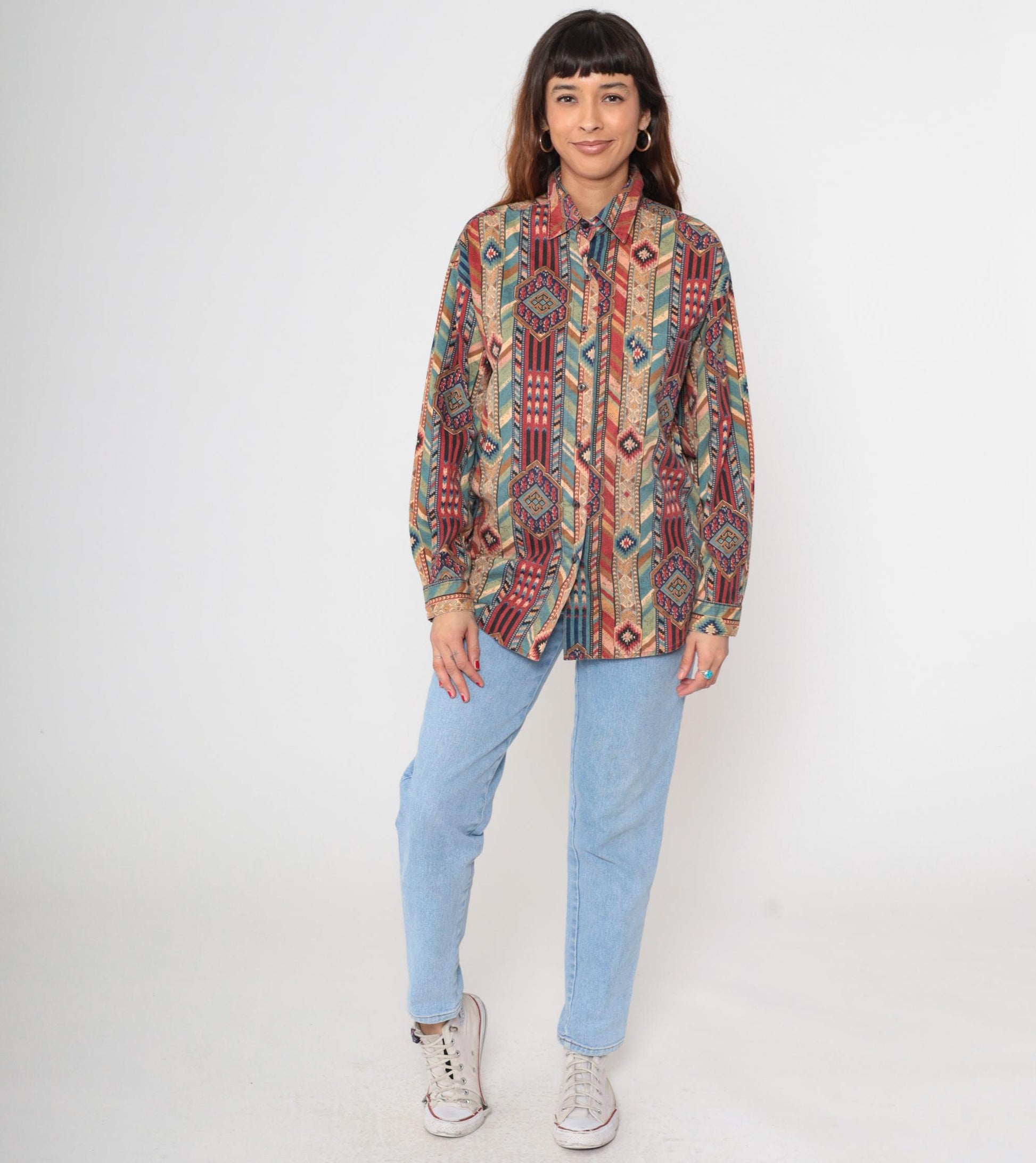 90s Margo's Southwestern Tribal Print Button-Up Shirt Cotton Large L