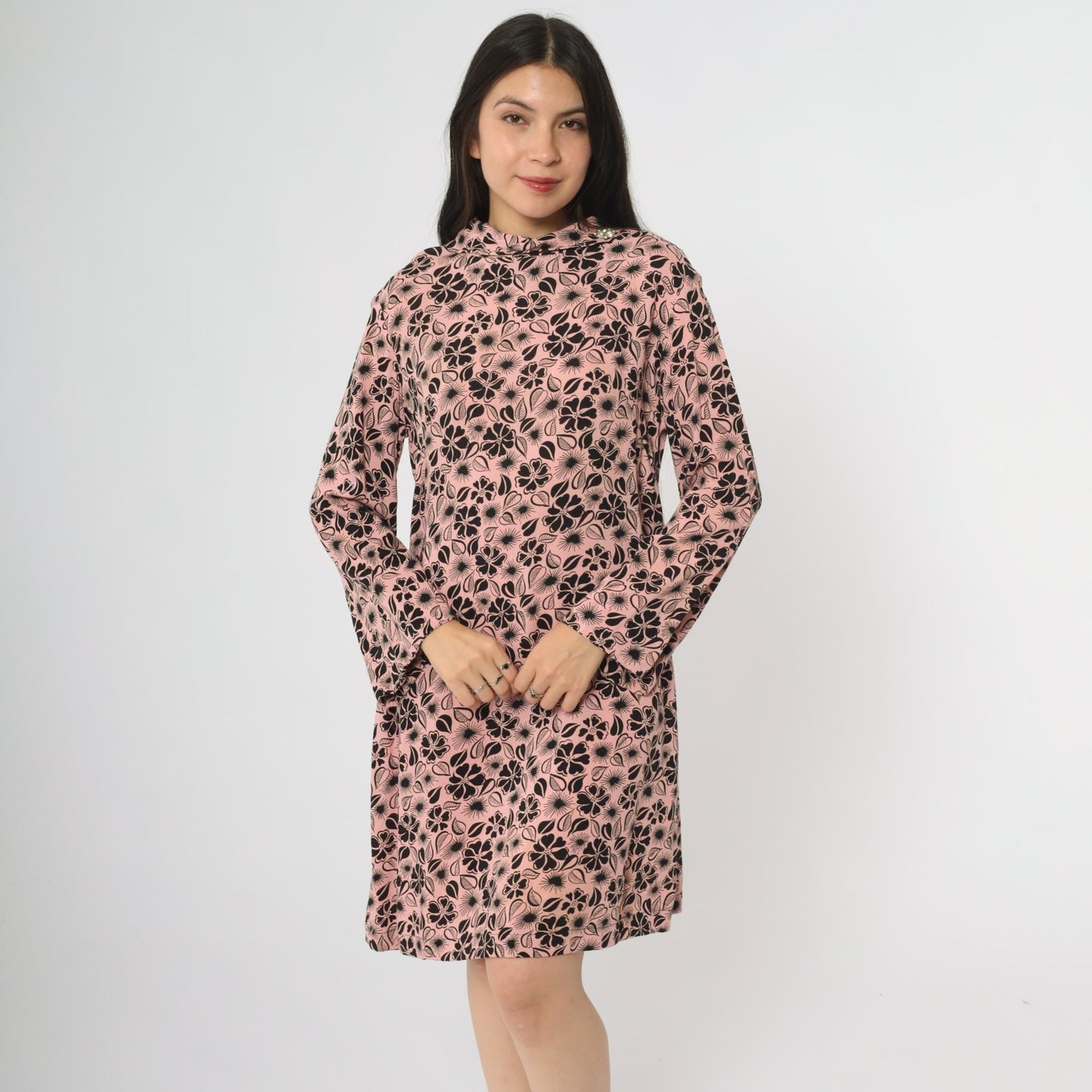 60s Pink Floral Mod Mini Dress Long Sleeve A-Line Shift Large L