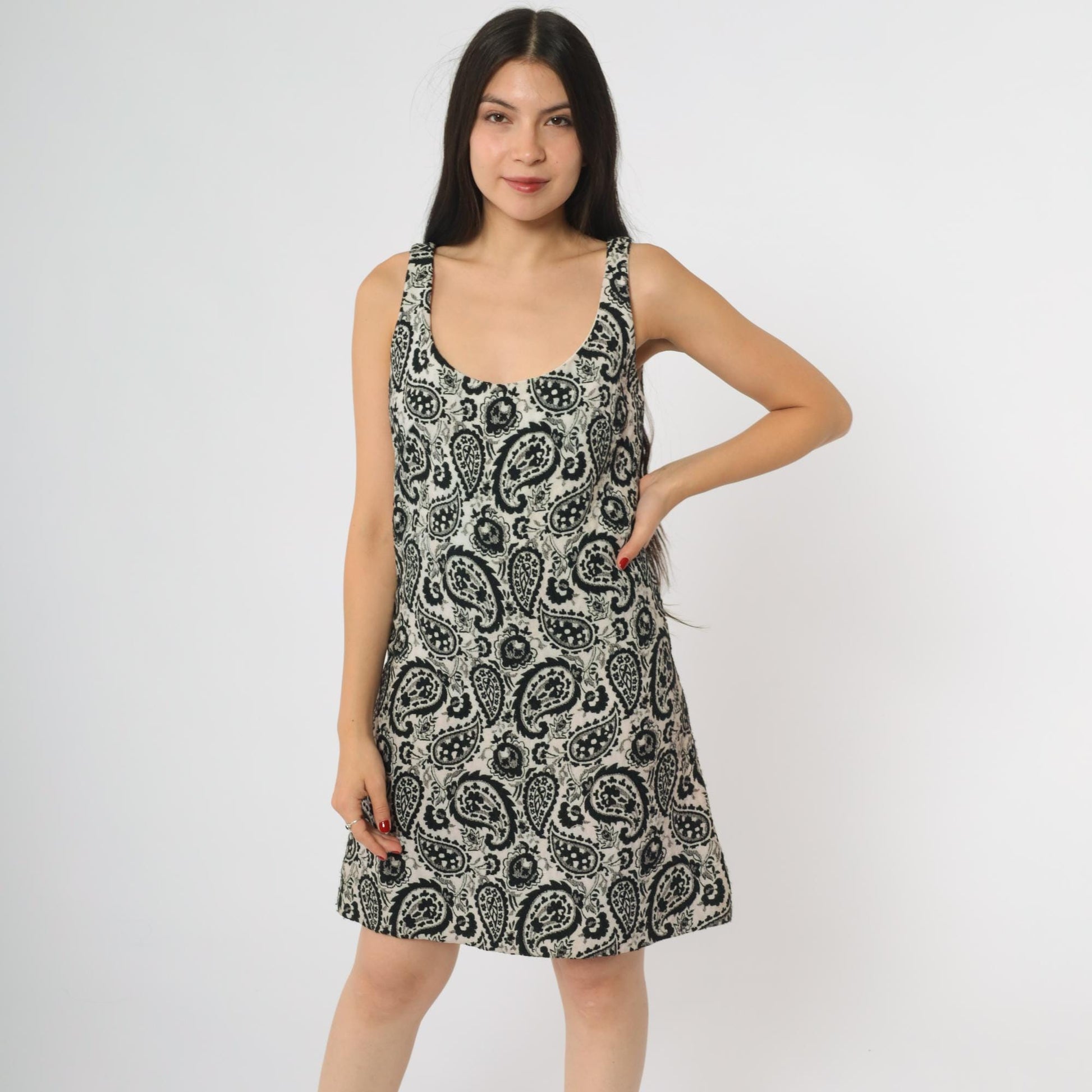 60s Paisley Mini Dress Black White Mod Tank A-Line Small