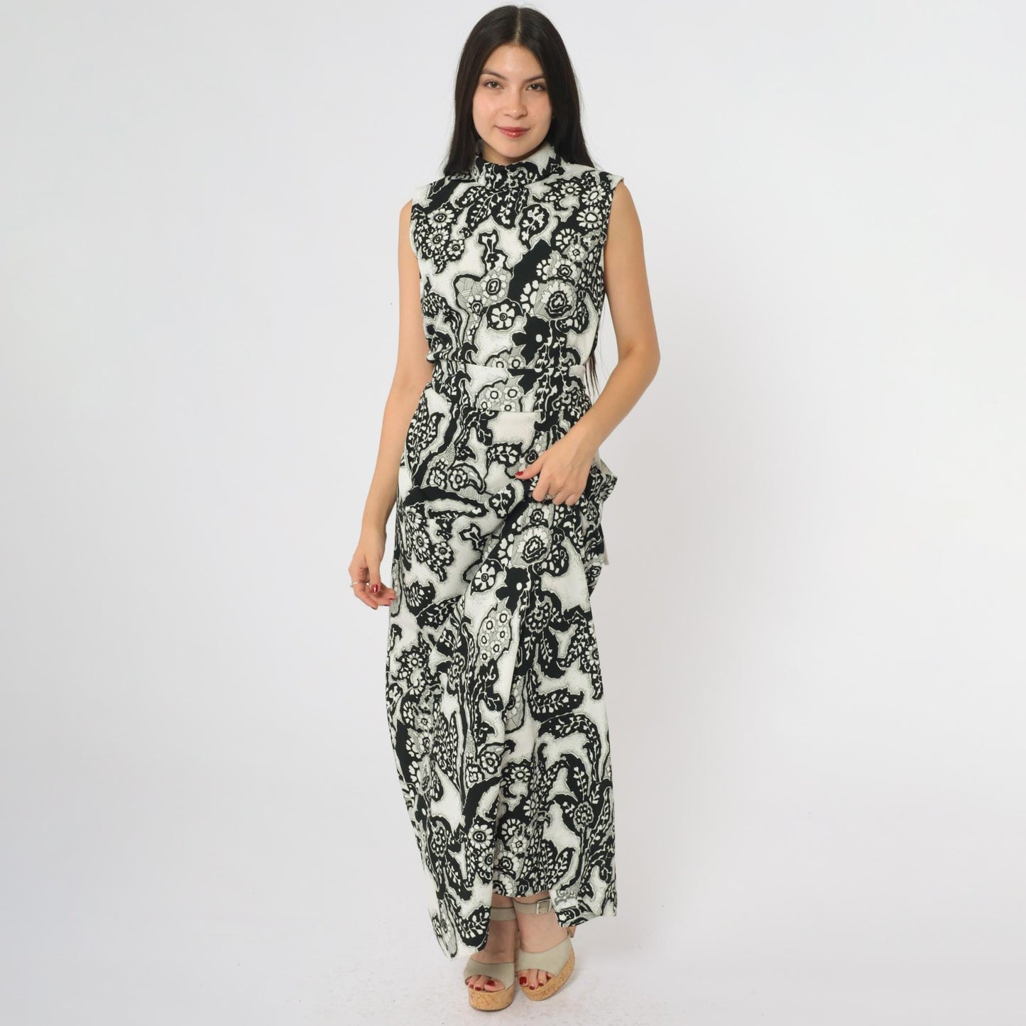 70s Chapter Two Paisley Maxi Dress Black White Mock Neck Sleeveless Medium