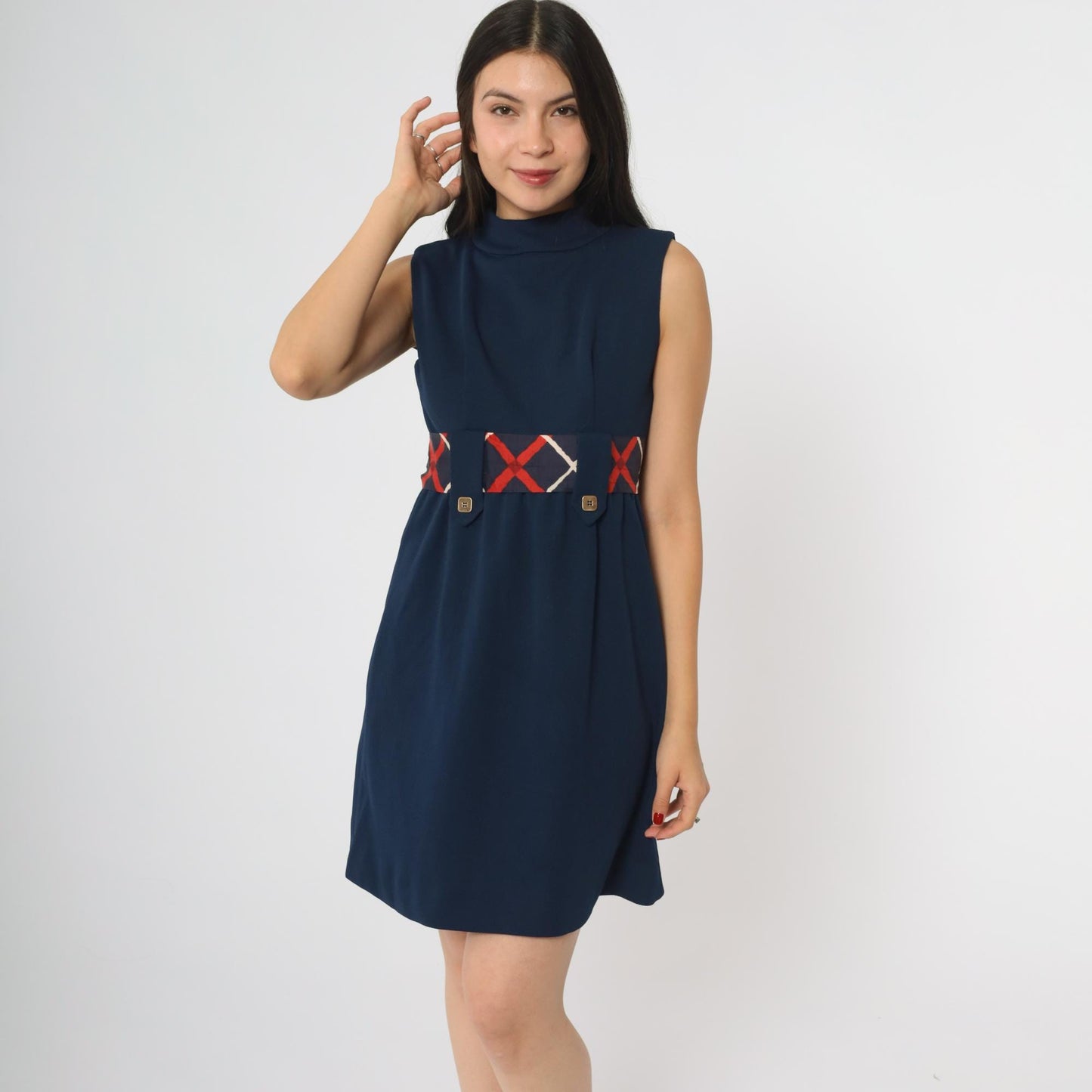 60s Navy Mock Neck Mini Dress Geometric Belt A-Line Sleeveless Extra Small