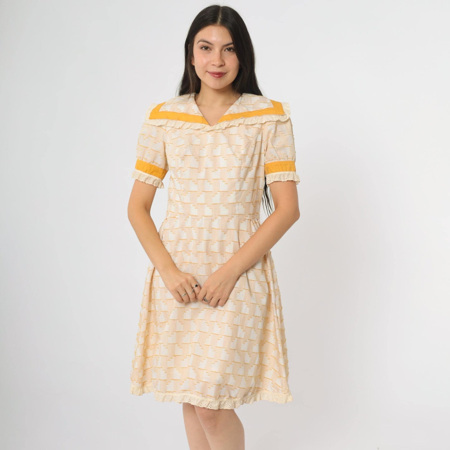 70s Prairie Babydoll Dress Cream Yellow Geometric Print Lace Trim Medium M