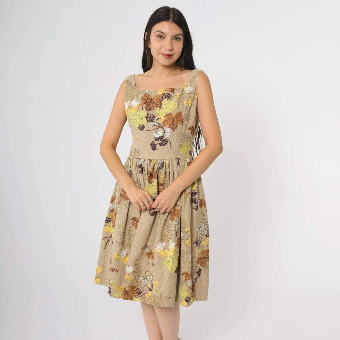 60s Leaf Print Dress Tan Brown Square Neck A-Line Cotton Small