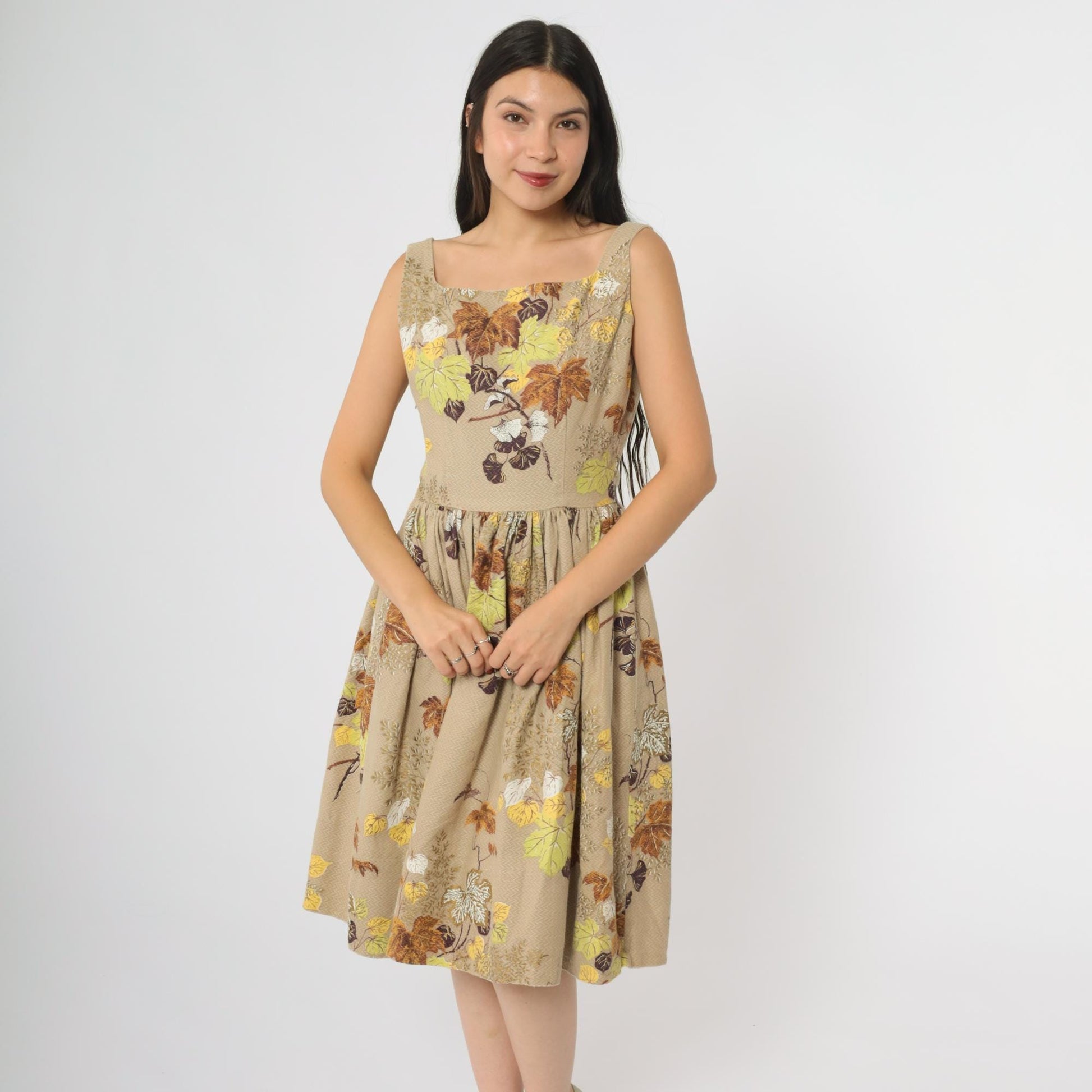 60s Leaf Print Dress Tan Brown Square Neck A-Line Cotton Small