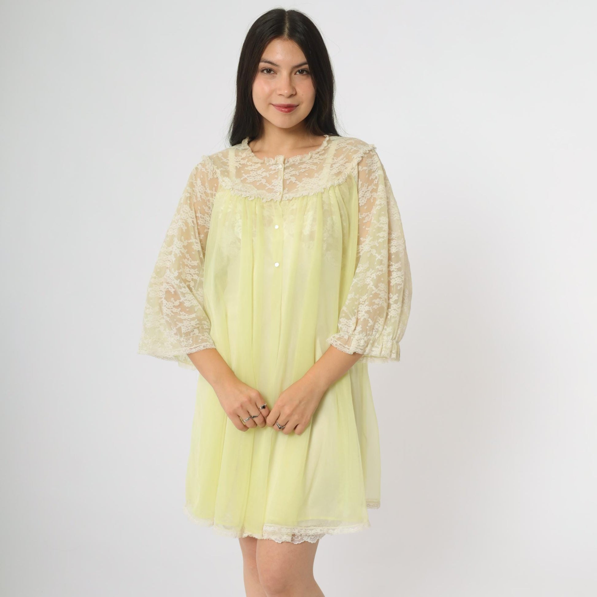 70s Van Raalte Yellow Lace Nightgown Long Sleeve Babydoll Medium M