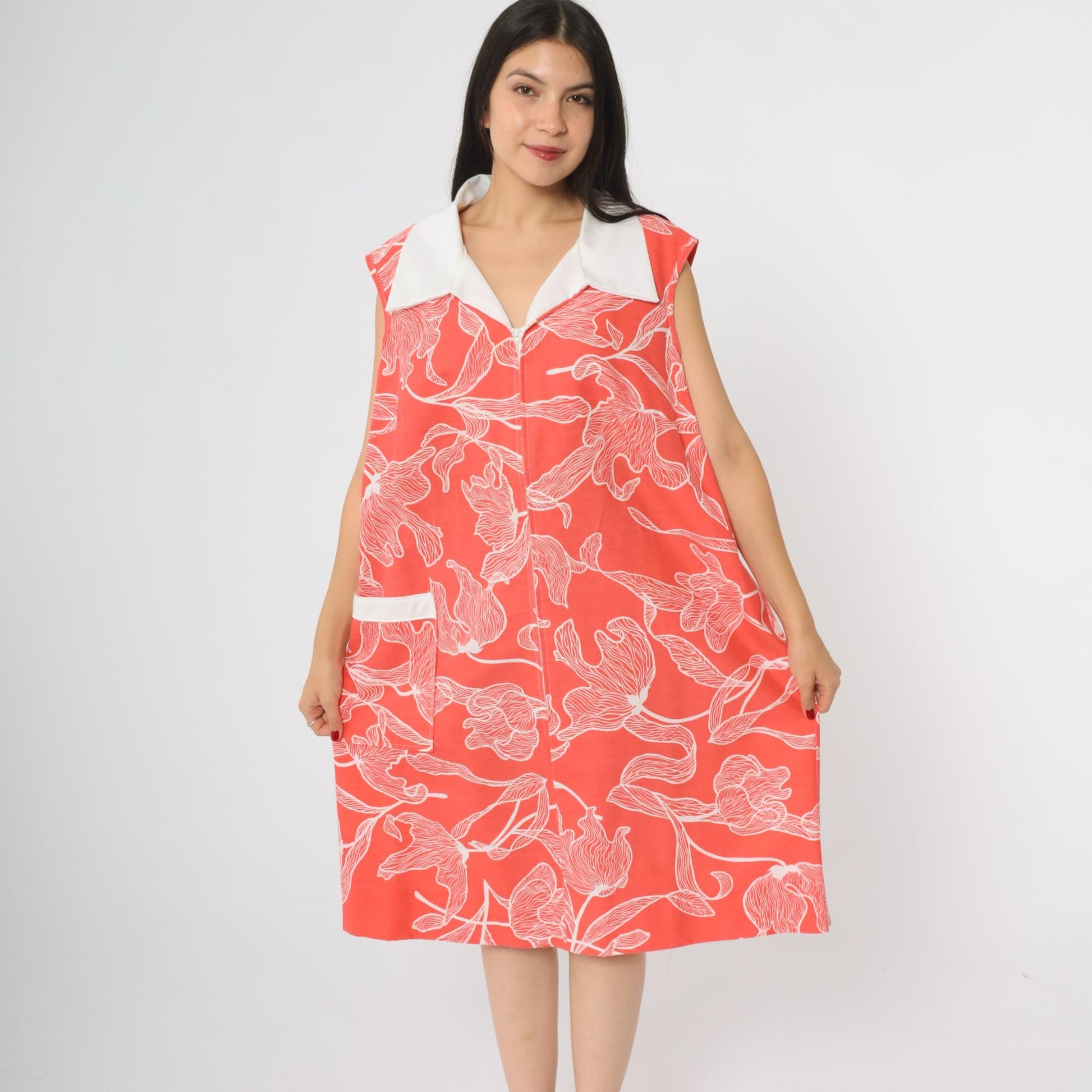 70s Komar Floral Shift Dress Coral Red White Lily Print Extra Large XL
