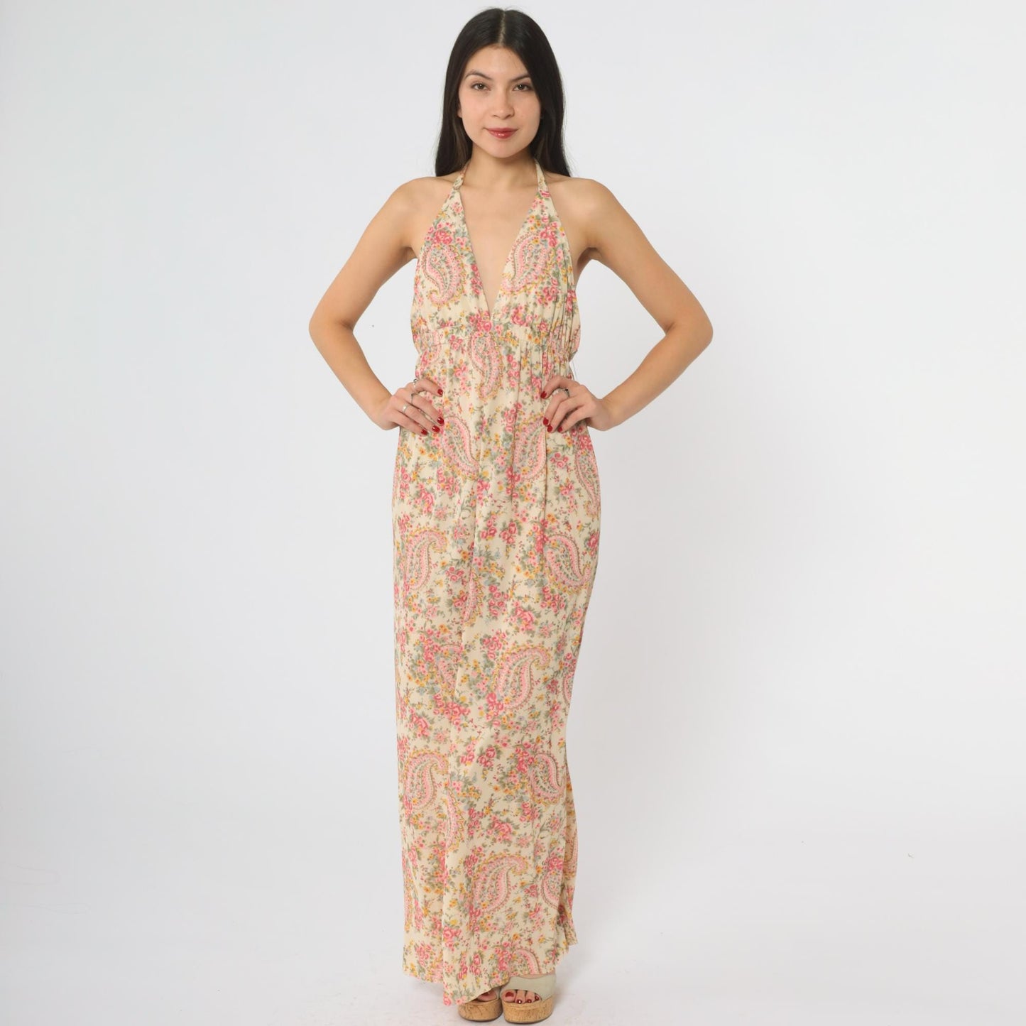 70s Pink Yellow Paisley Halter Maxi Dress Empire Waist Open Back Medium