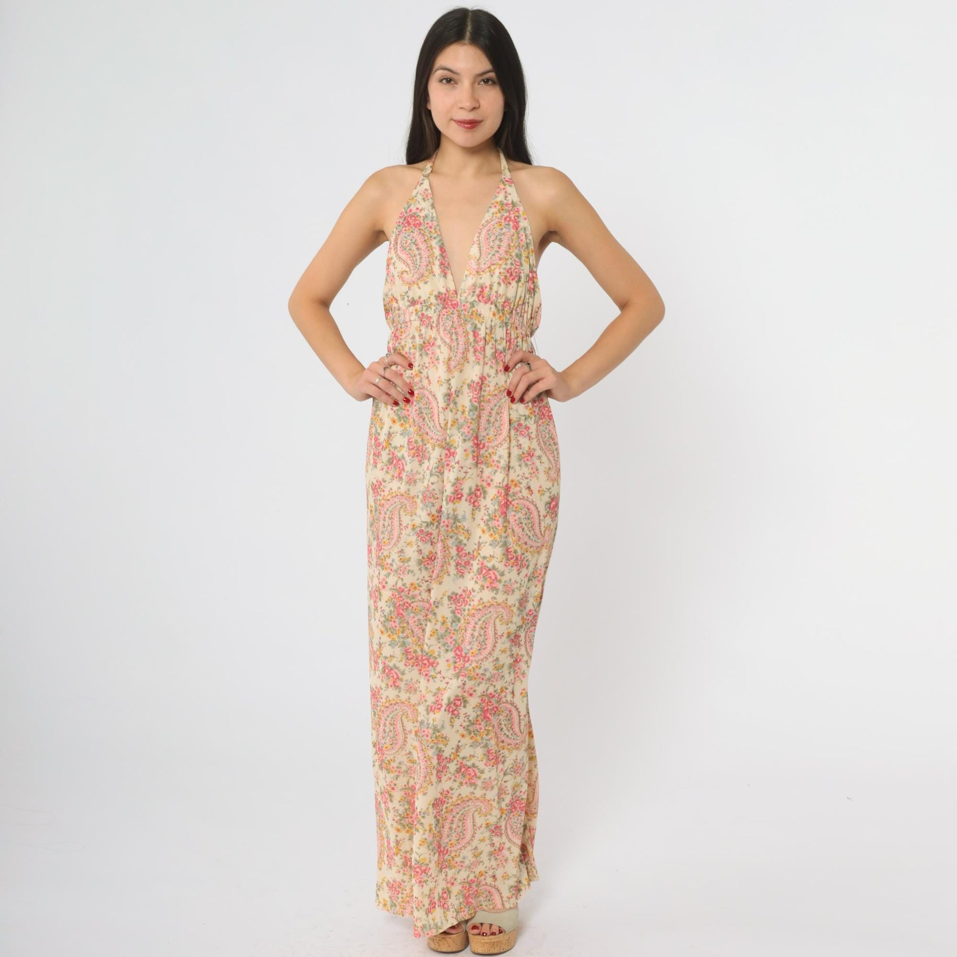 70s Pink Yellow Paisley Halter Maxi Dress Empire Waist Open Back Medium