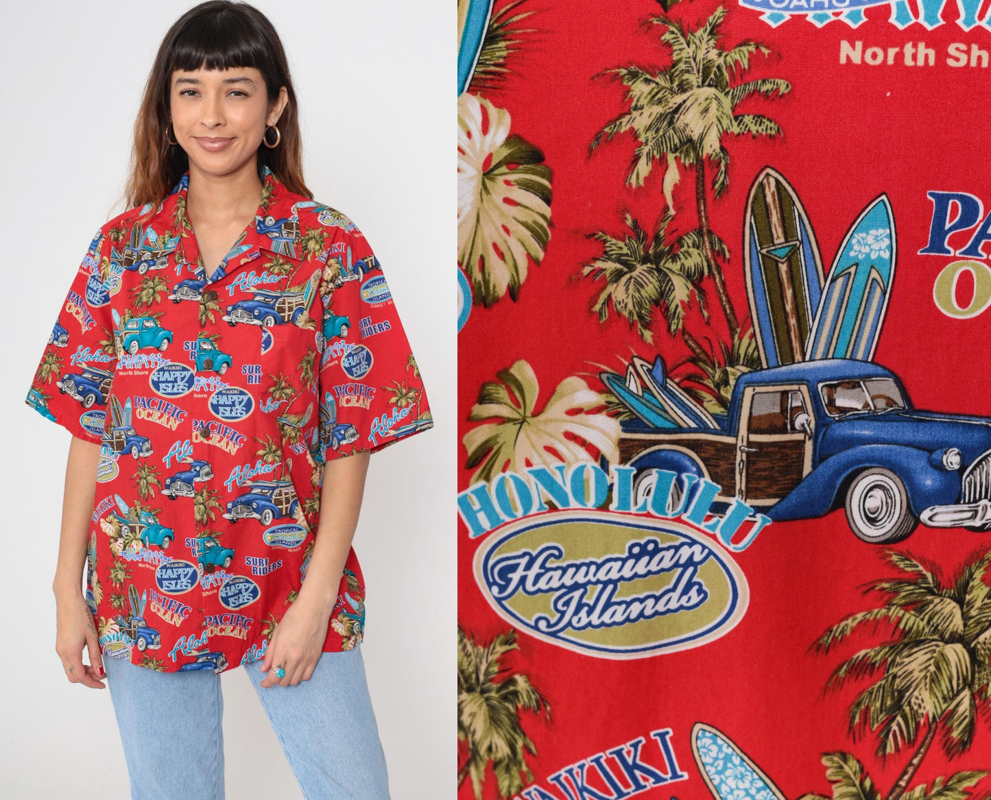 90s Howie Red Hawaiian Shirt Woodie Car Surf Print Aloha Mens Large L