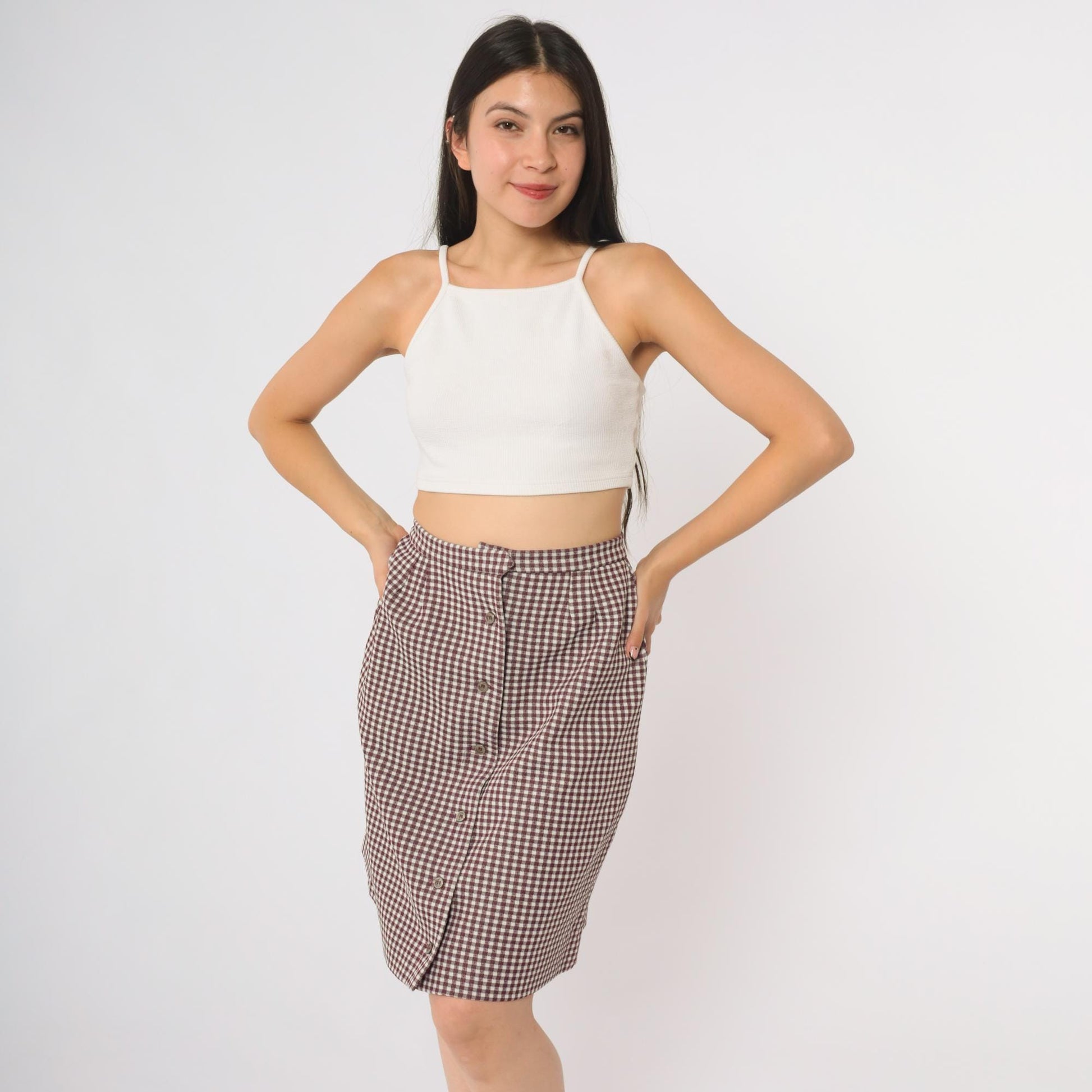 70s Burgundy Gingham Mini Skirt Button-Front High-Waist A-Line Small S