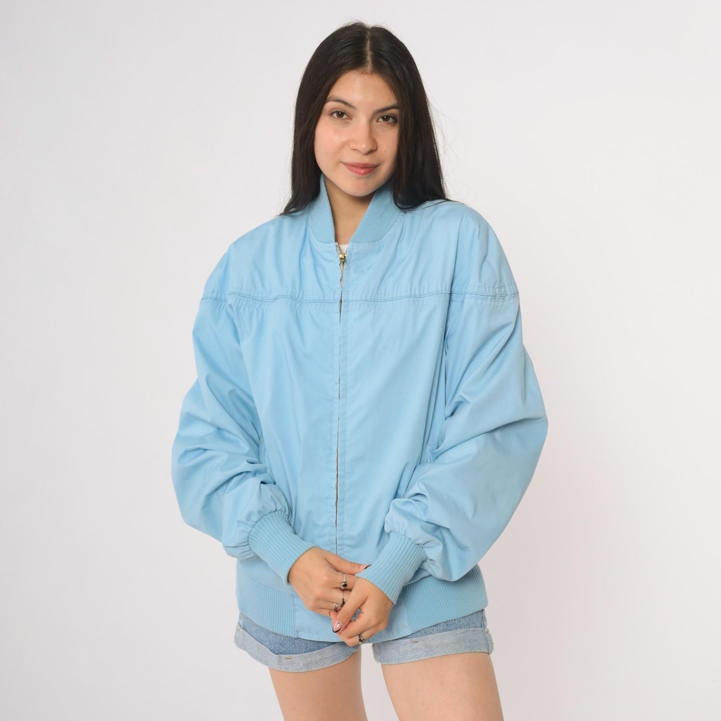 80s Baby Blue Bomber Windbreaker Jacket Light Blue Zip Up Athletic Extra Large XL