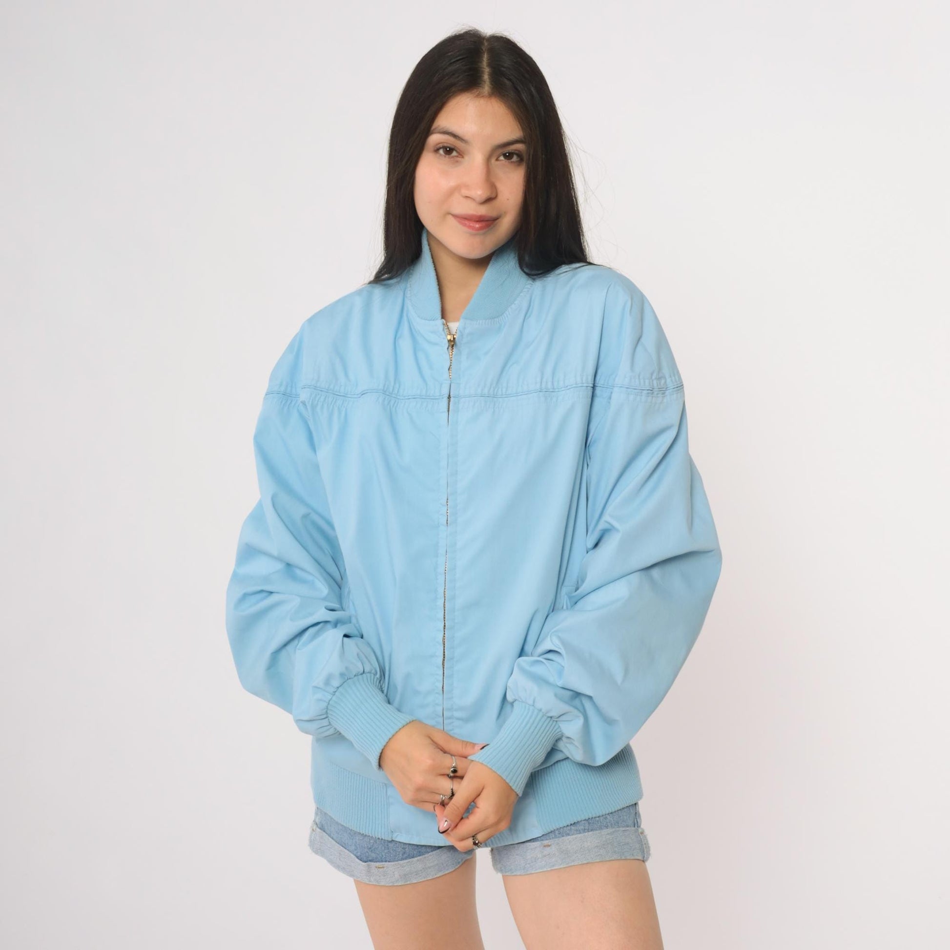 80s Baby Blue Bomber Windbreaker Jacket Light Blue Zip Up Athletic Extra Large XL