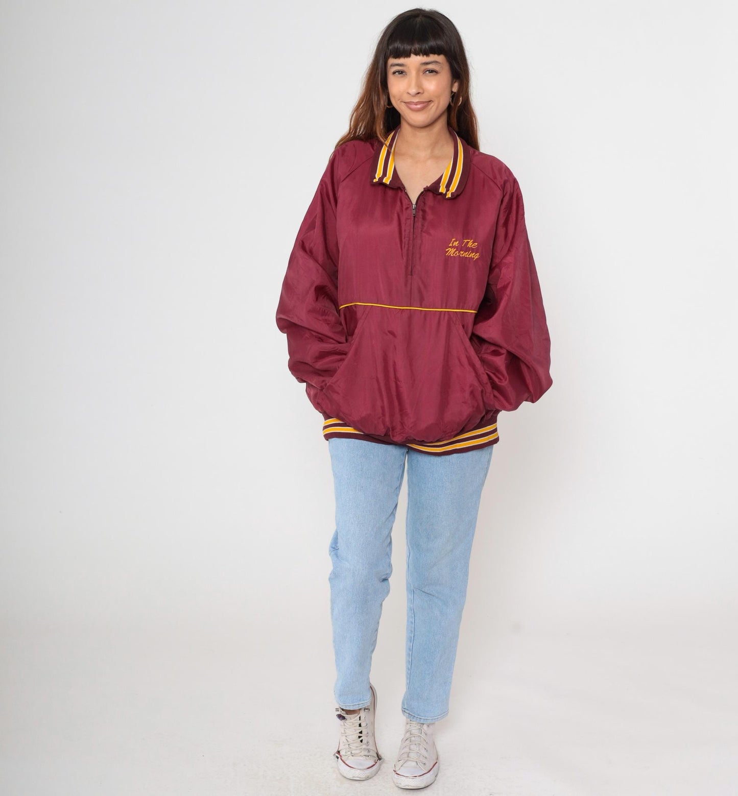 90s HITZ Radio Station Windbreaker Burgundy Yellow Stripe Quarter Zip XXL