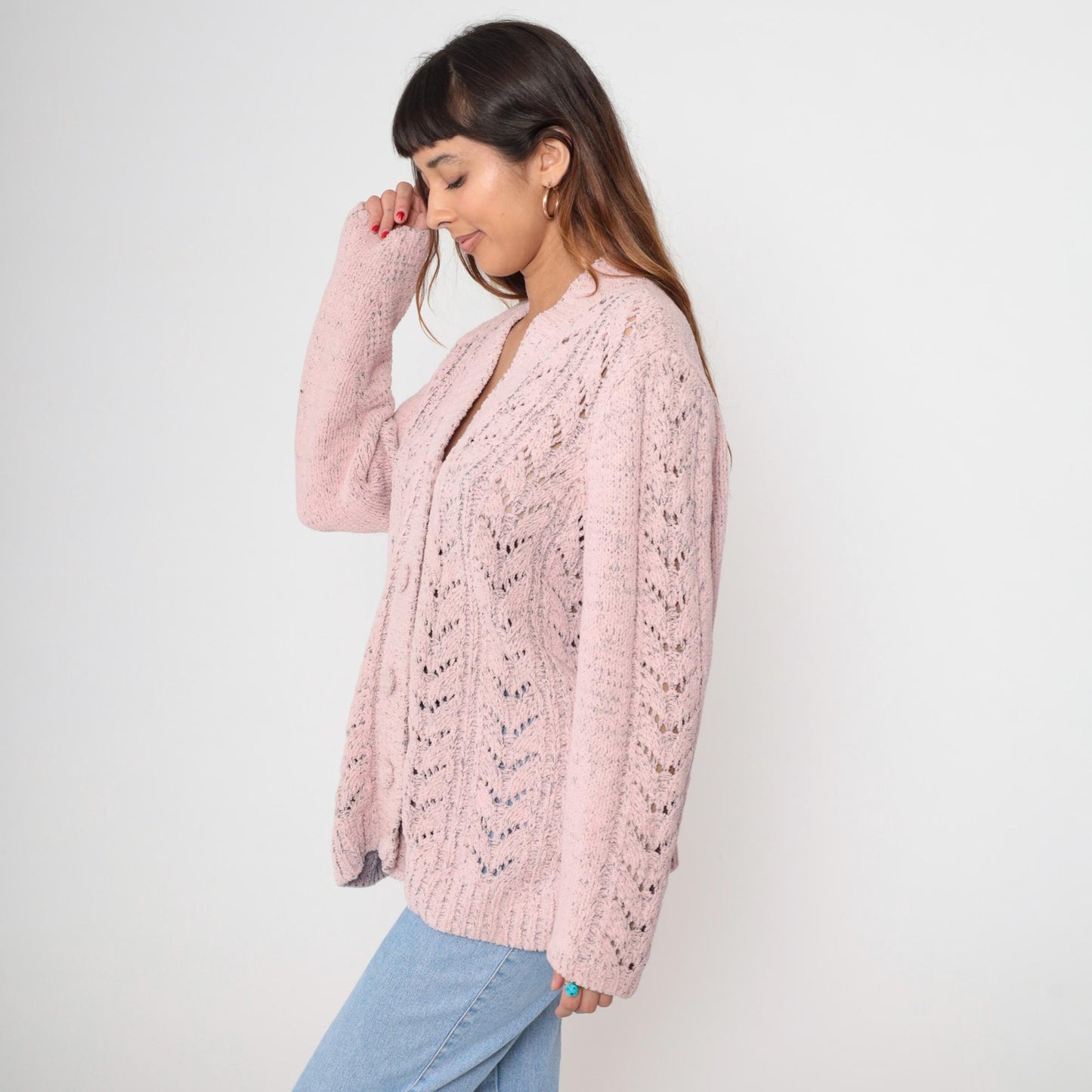 90s Pink Pointelle Cardigan Button-Up V-Neck Knit Plus Size 1X