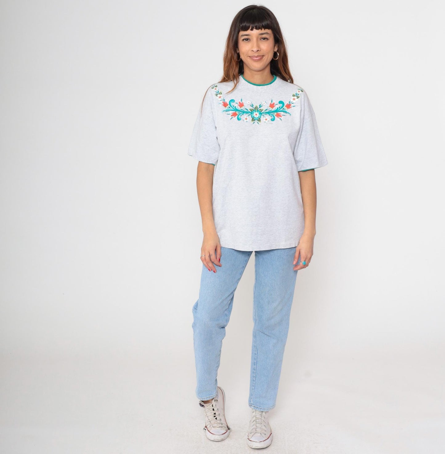 90s Floral Graphic T-Shirt Grey Cotton Folk Art Flowers Green Trim Large L