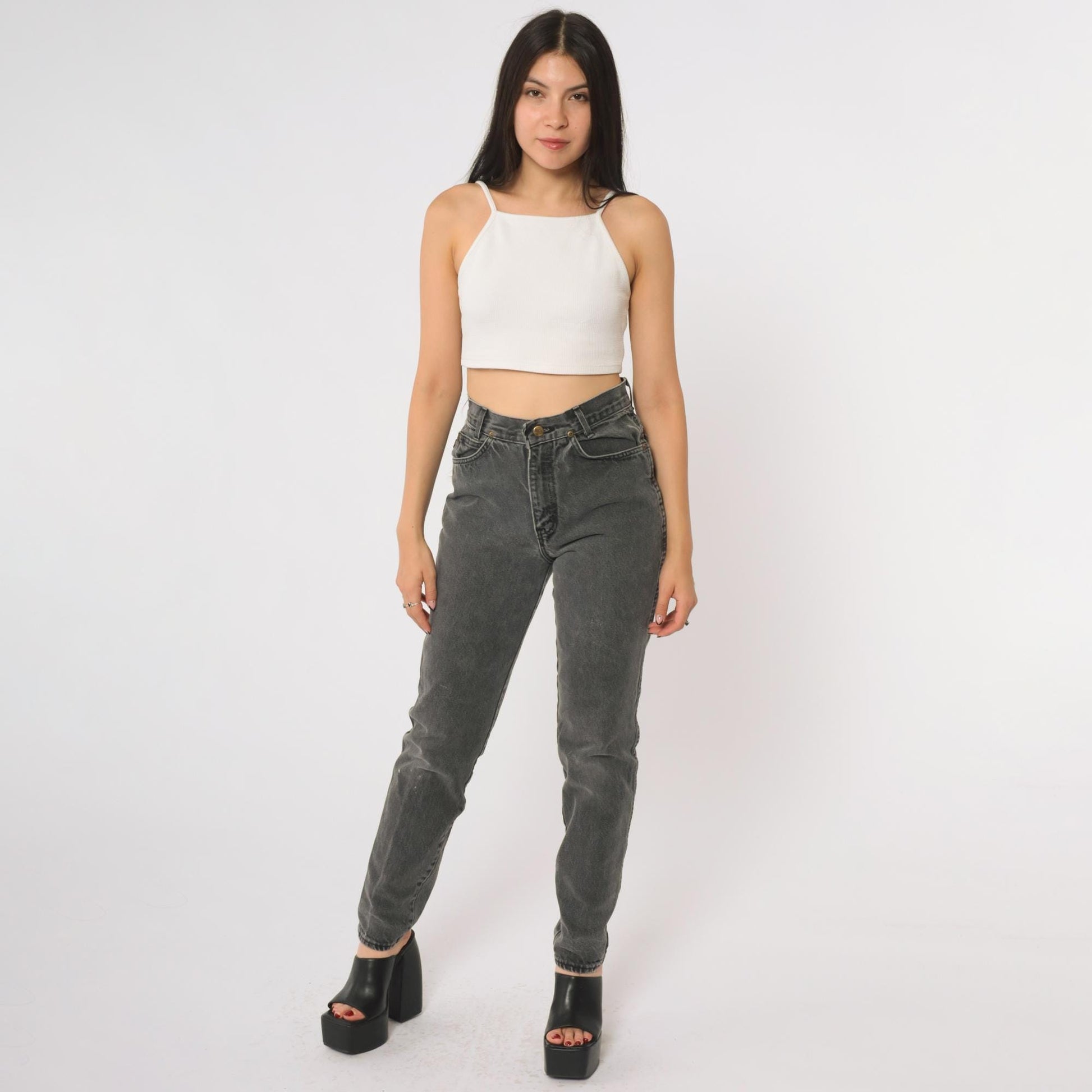 90s Chic Black Wash High Waist Tapered Jeans Distressed Denim Small S