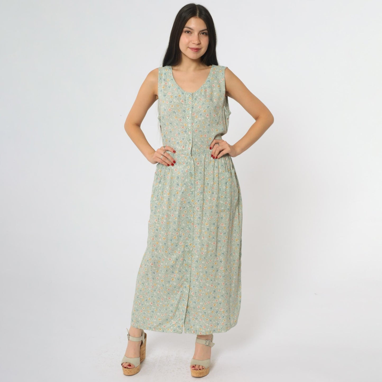90s Sage Green Floral Midi Dress Button Front Tie Waist Sleeveless Medium M