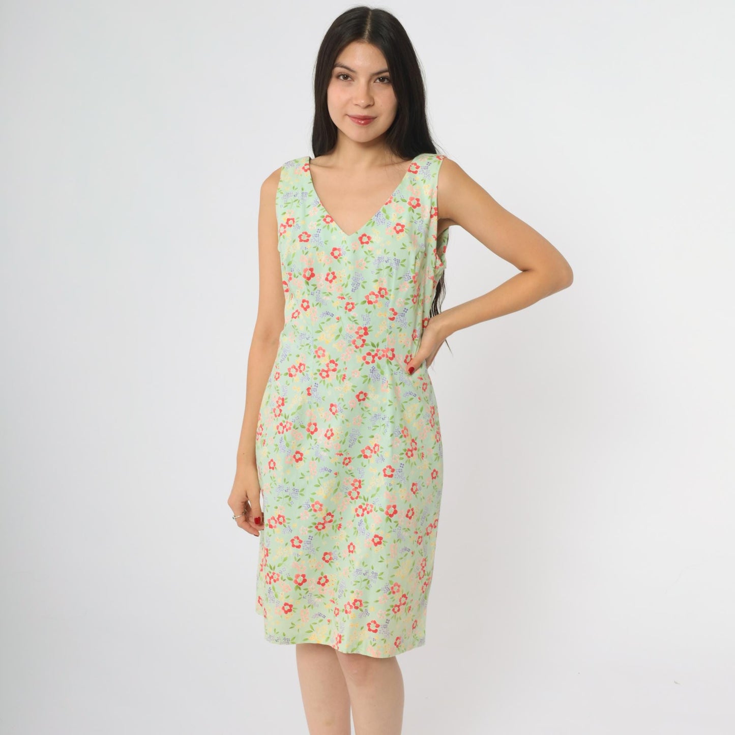 90s CDC Mint Floral Mini Dress Sleeveless V-Neck Small S