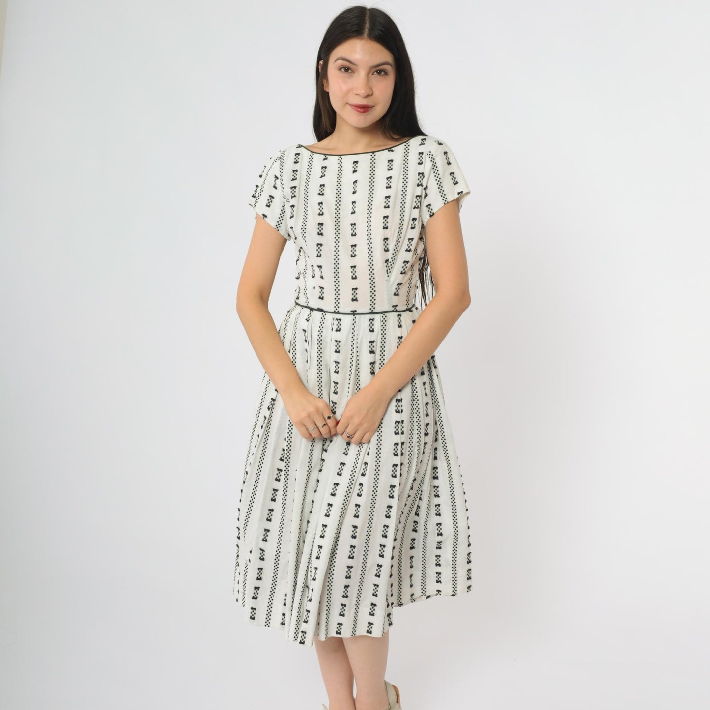 60s Geometric Print A-Line Midi Dress White Black Mod Shift XS