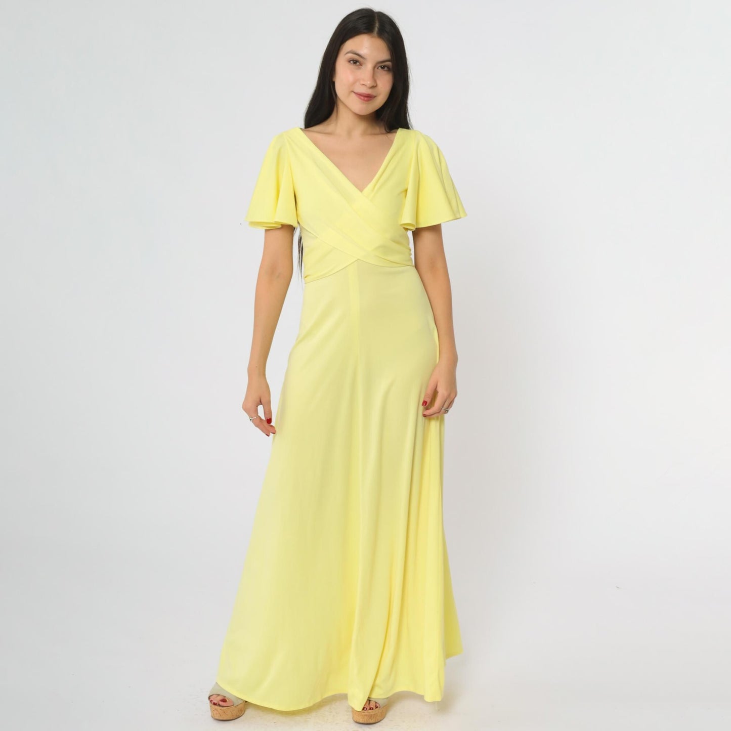70s Yellow Maxi Wrap Dress Flutter Sleeves V-Neck Tie Waist Small