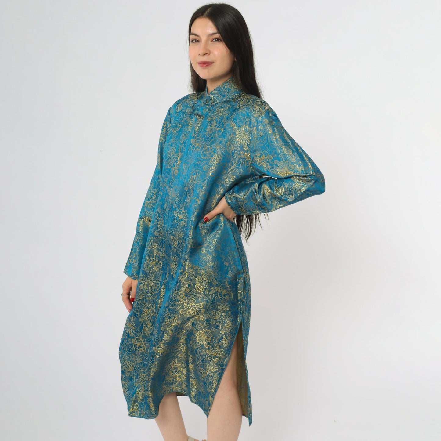 90s Teal Cheongsam Dress Gold Floral Brocade Midi Mandarin Collar Medium M