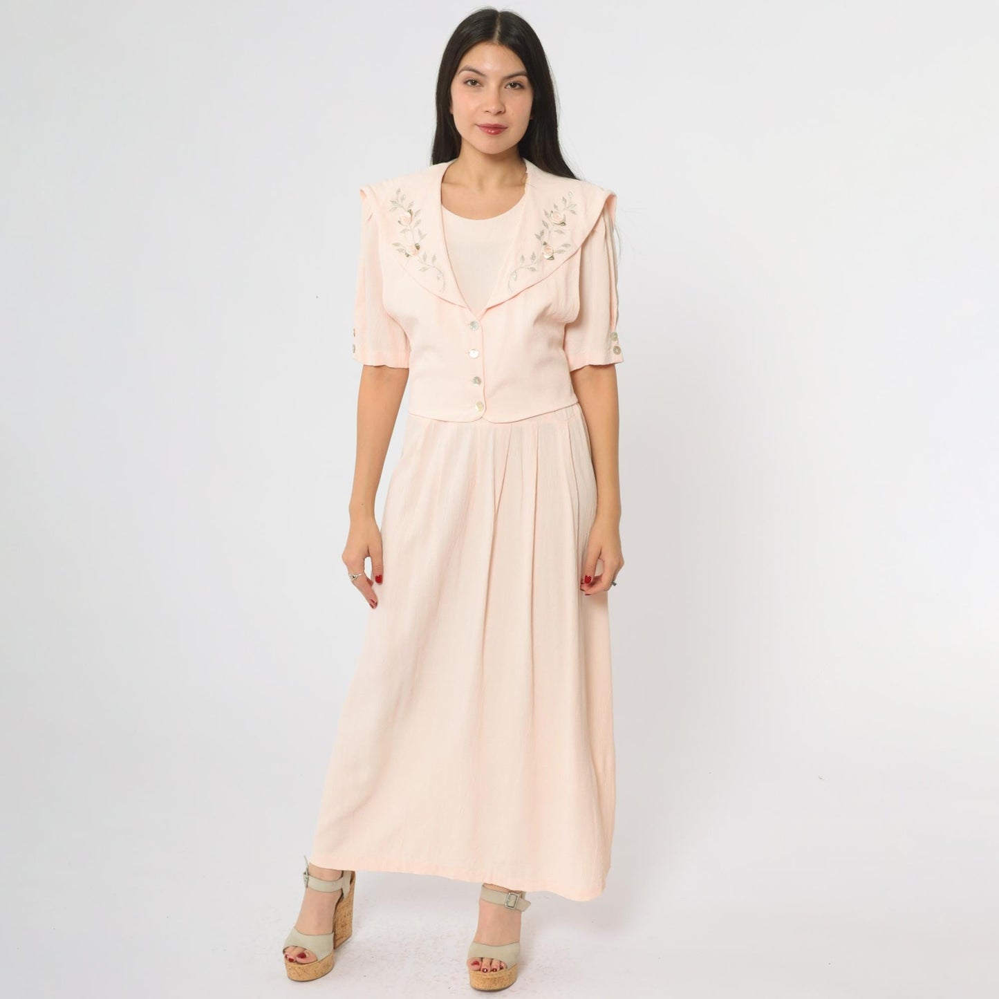90s JBS LTD Rose Embroidered Maxi Dress Blush Pink Puff Sleeve Large