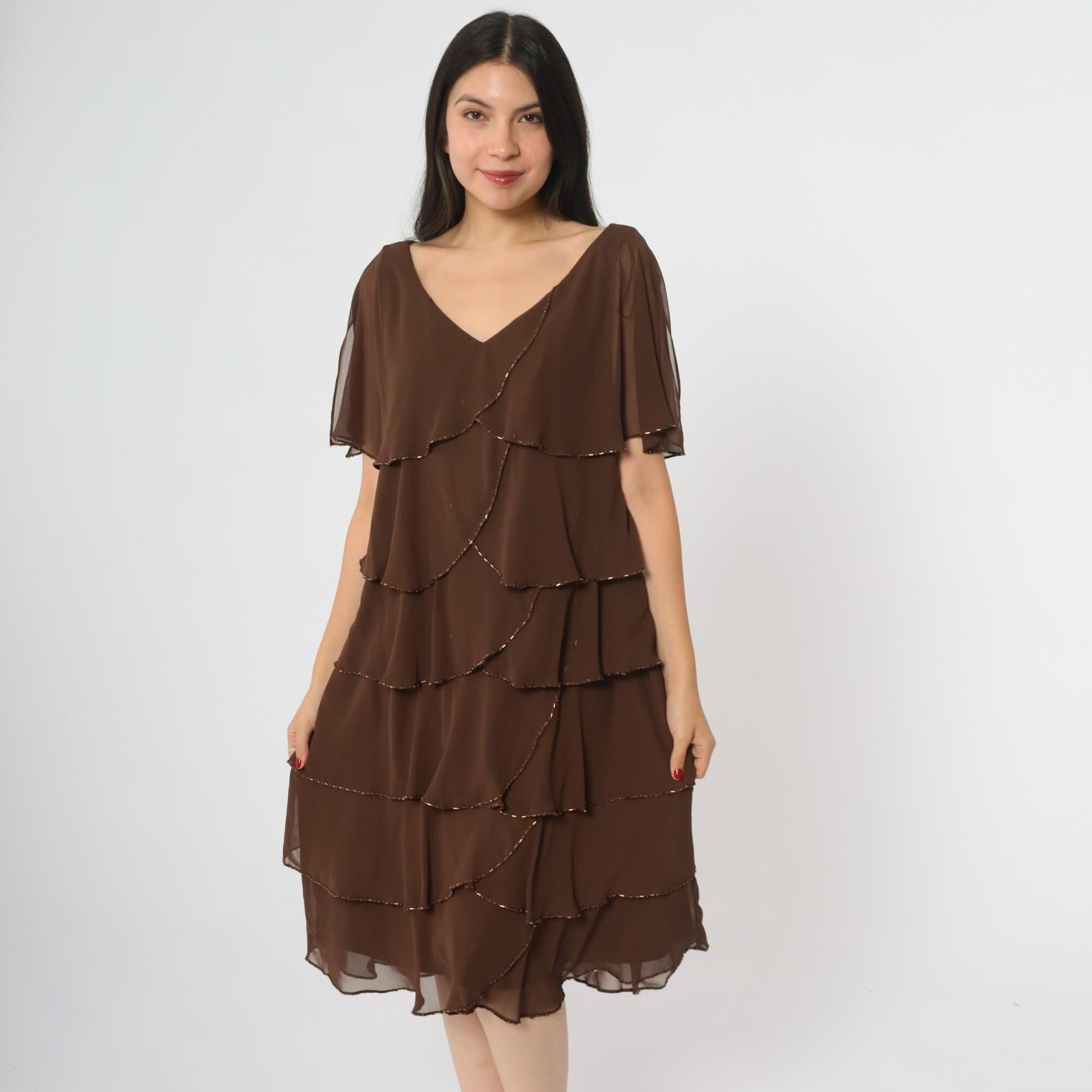Y2K Patra Chocolate Brown Tiered Midi Dress Beaded Flutter Sleeves Large