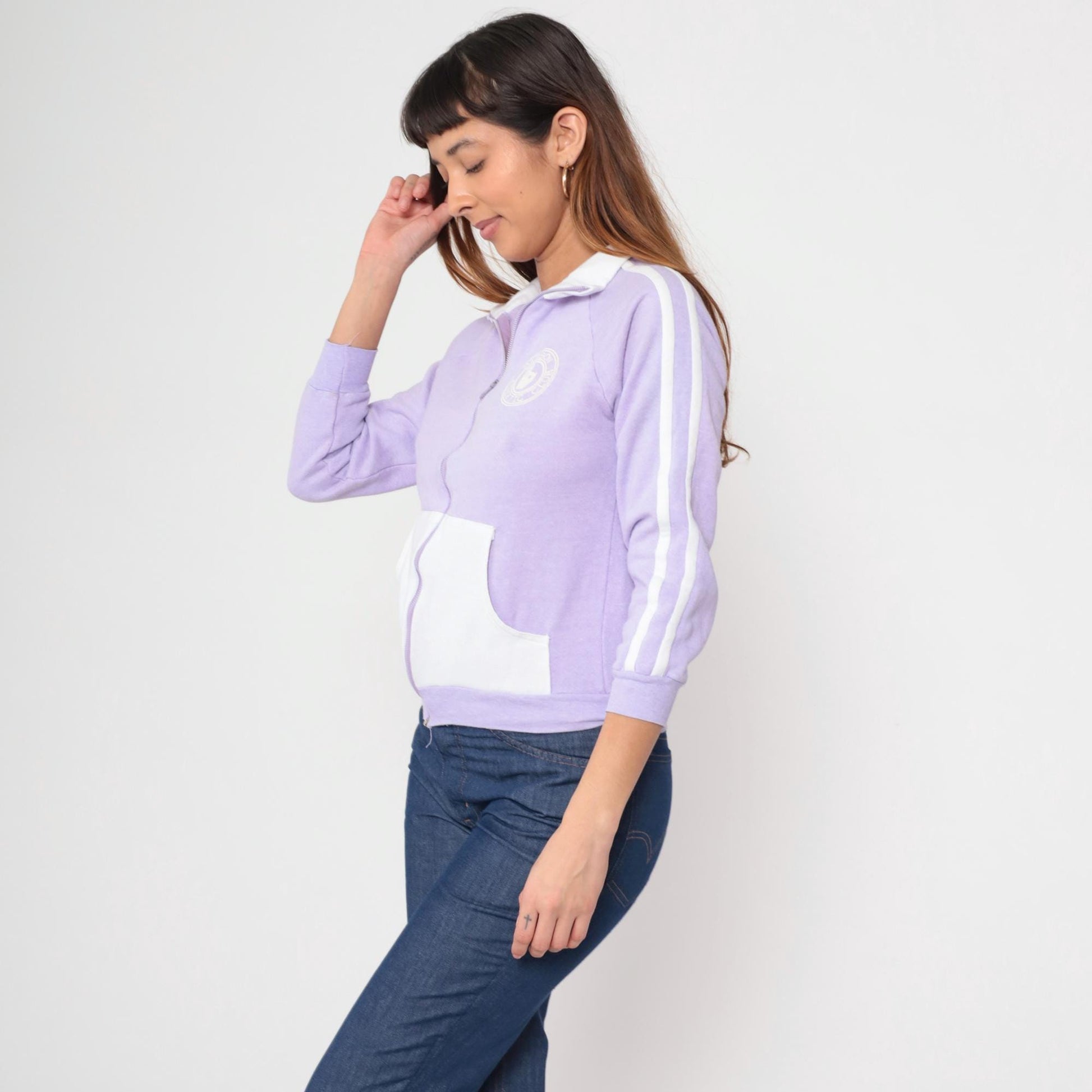 80s Sasson Lavender Track Jacket White Racing Stripe Zip Front Small