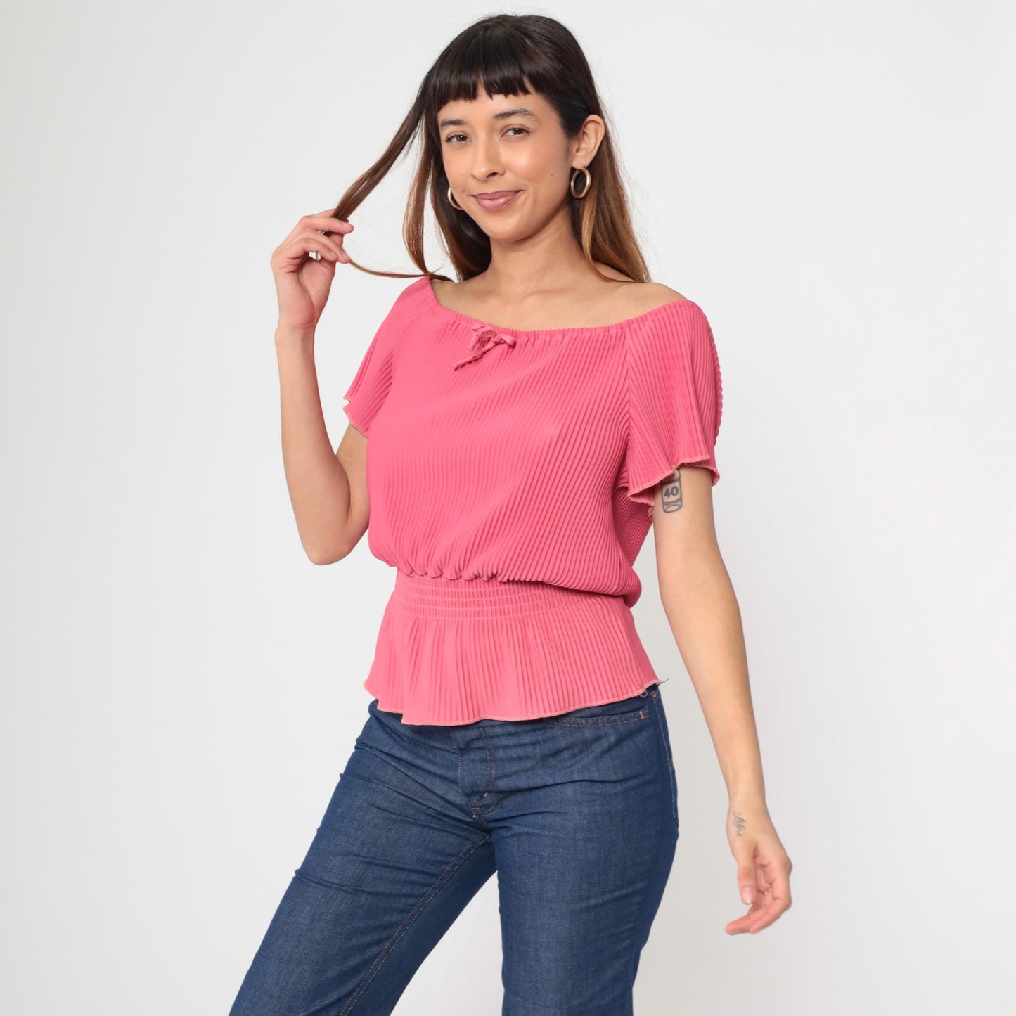 70s Coral Pink Off-Shoulder Blouse Flutter Sleeve Tie Front Medium