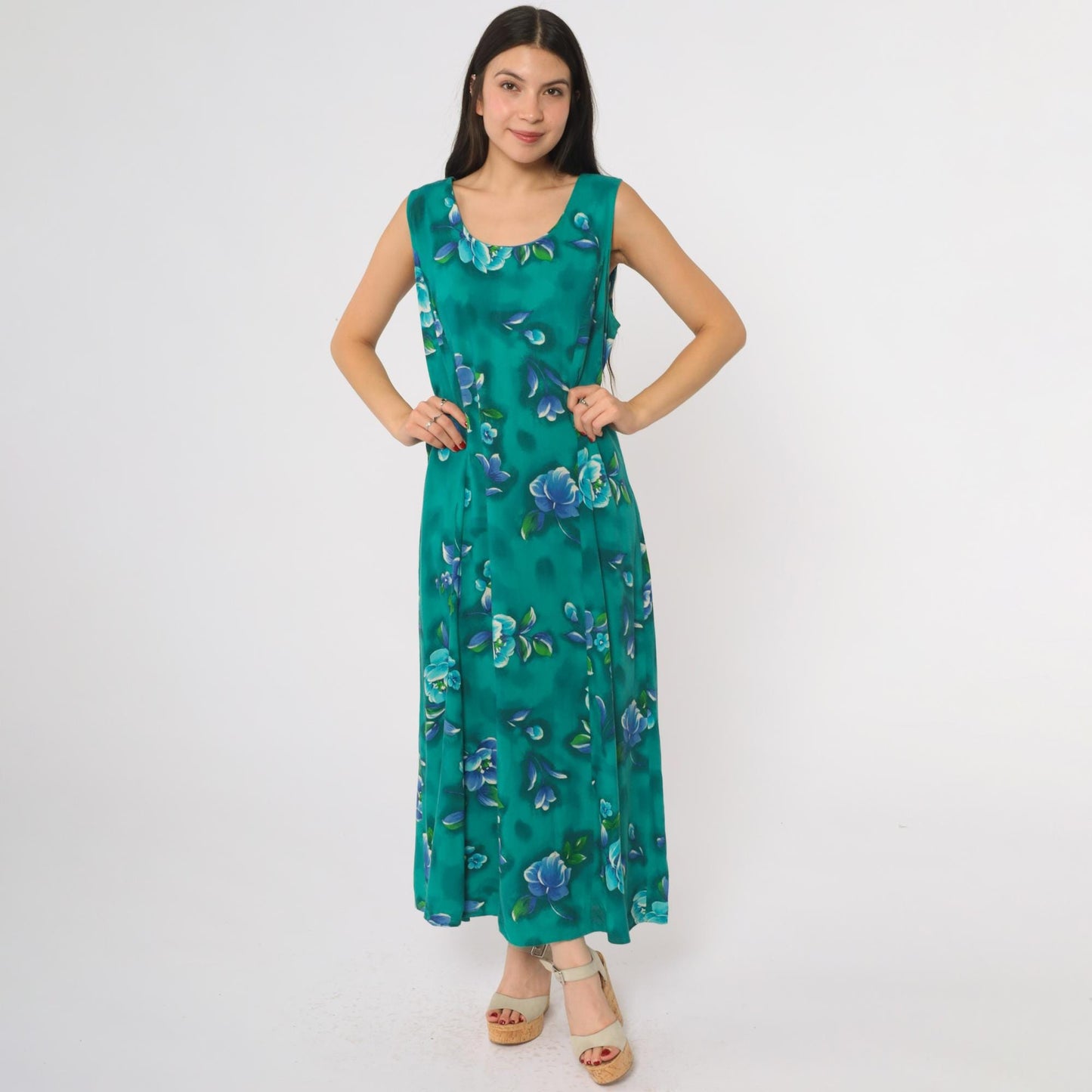 90s Emerald Green Floral Maxi Dress Sleeveless Scoop Neck Large