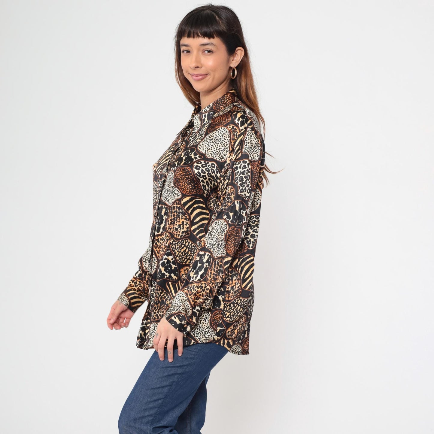 Y2K Jessica Holbrook Silk Blouse Animal Print Button Down Medium M