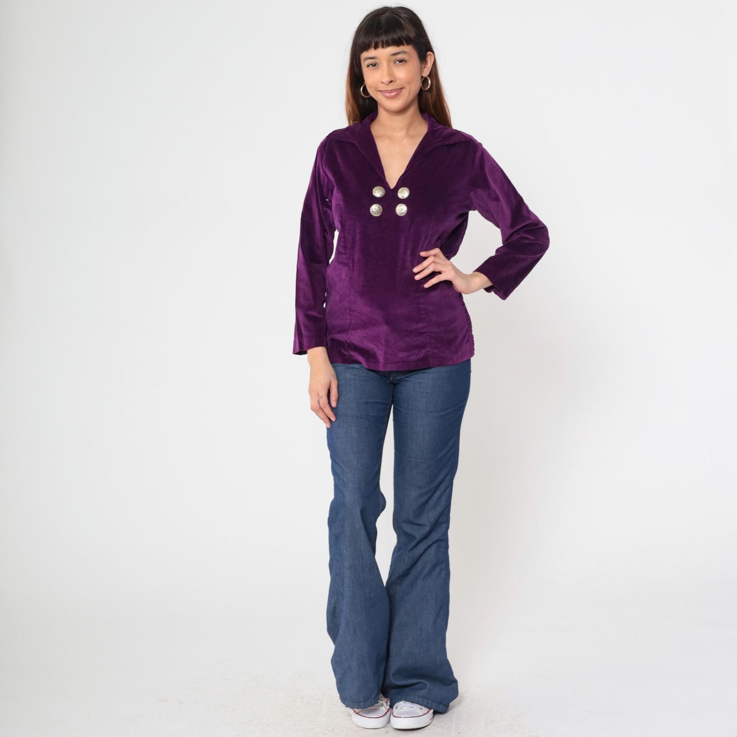 70s Purple Velvet Blouse V Neck Long Sleeve Silver Buttons Medium M