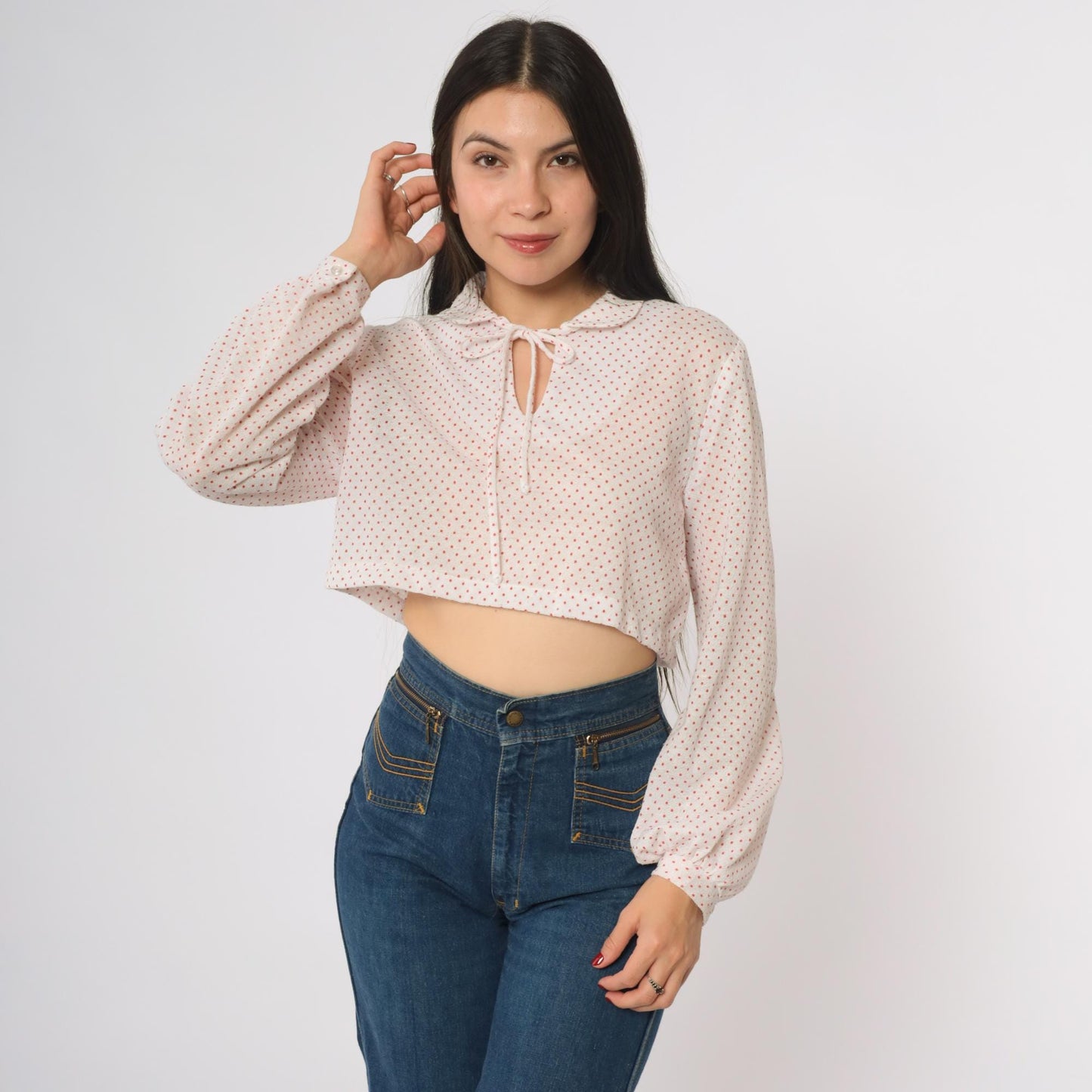 80s Polka Dot Cropped Blouse White Red Peter Pan Collar Tie Neck Medium