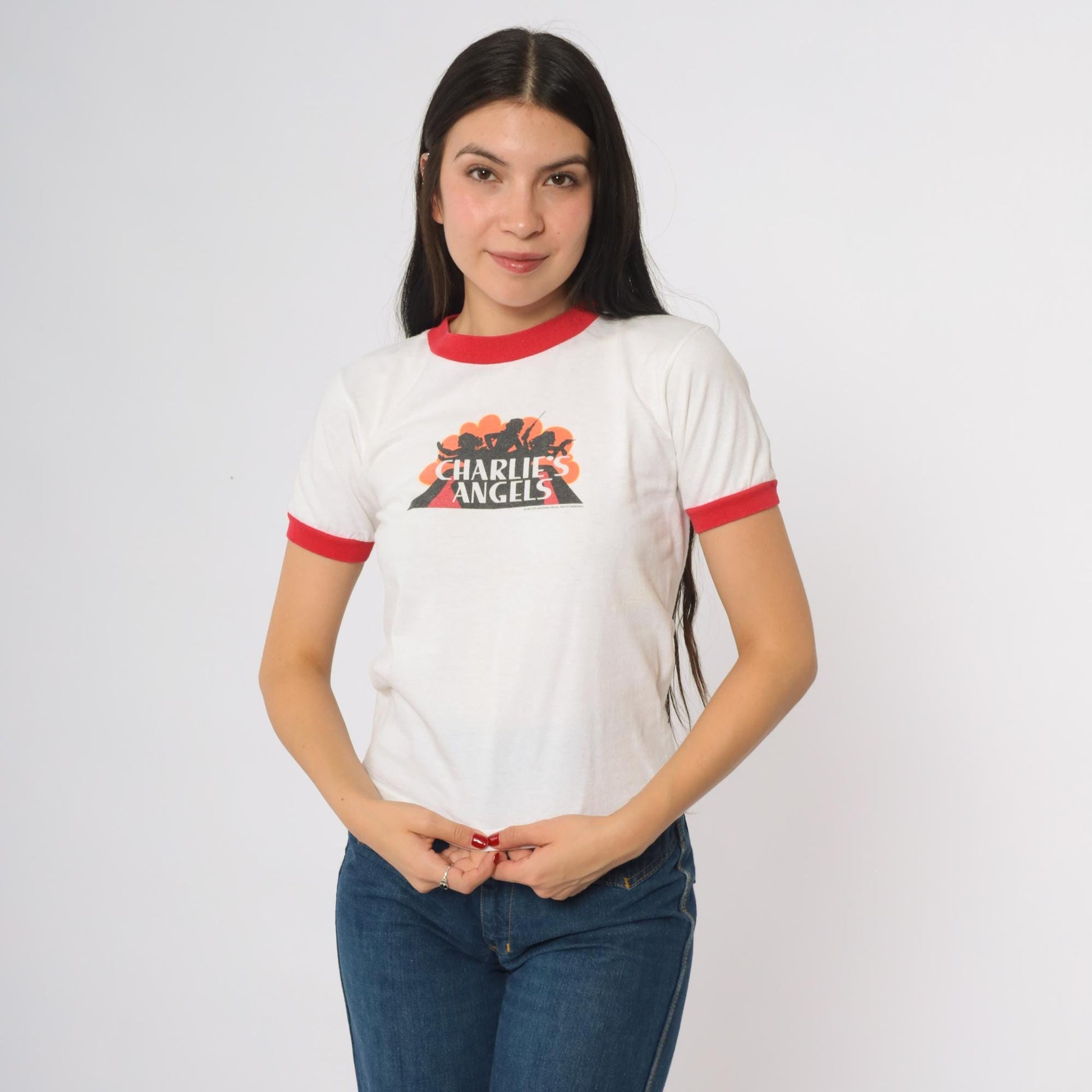 90s Charlie's Angels Ringer T-Shirt White Red Trim Graphic Tee Youth Medium