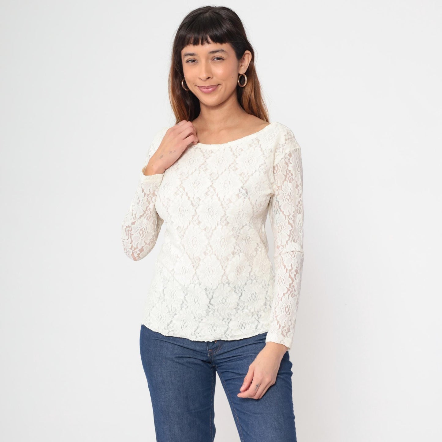 80s White Floral Lace Sheer Blouse U-Neck Long Sleeve Medium