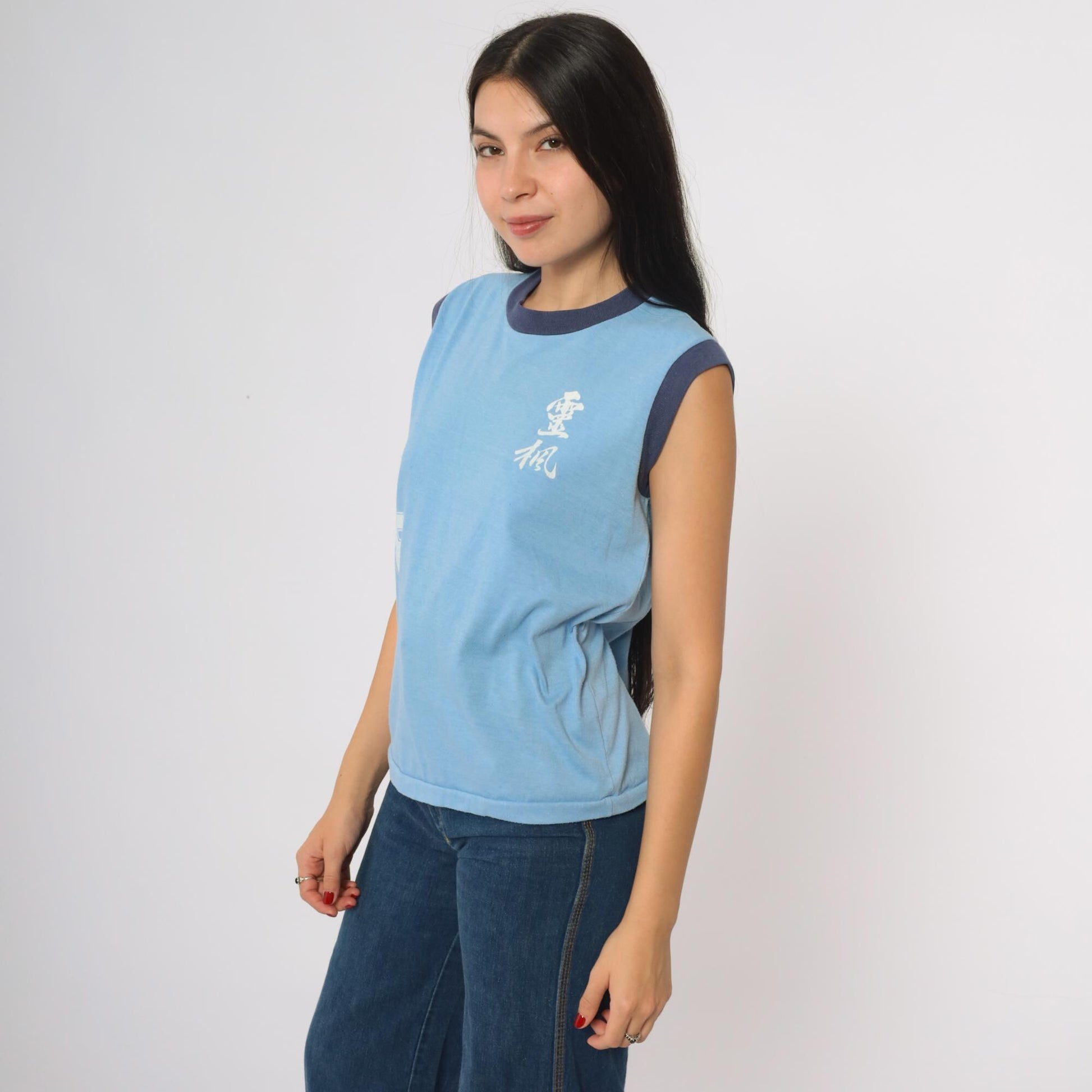 80s Blue Ringer Tank Top Number 8 Graphic Athletic Sleeveless Medium M