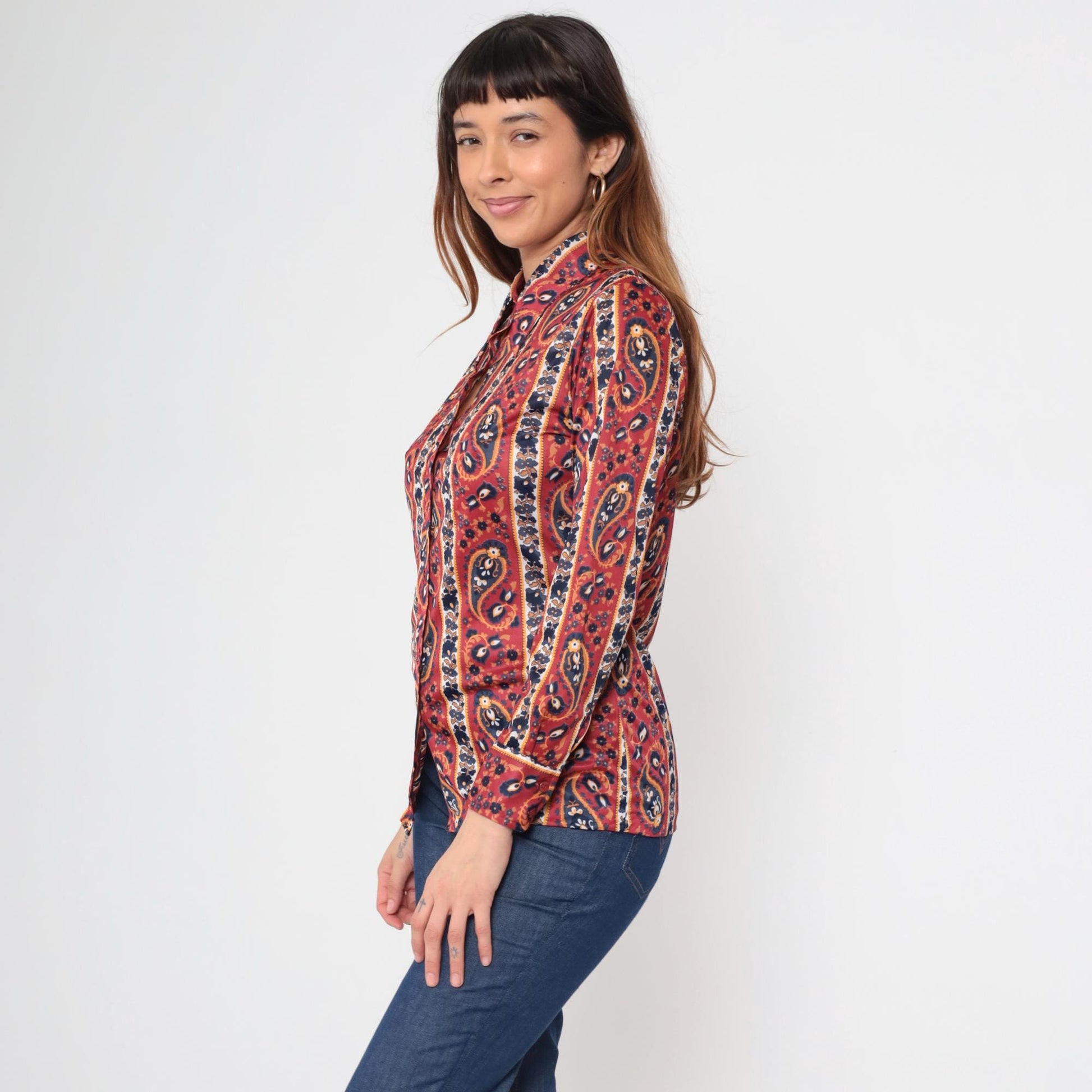 70s Paisley Dagger Collar Blouse Rust Red Button Up Long Sleeve Medium