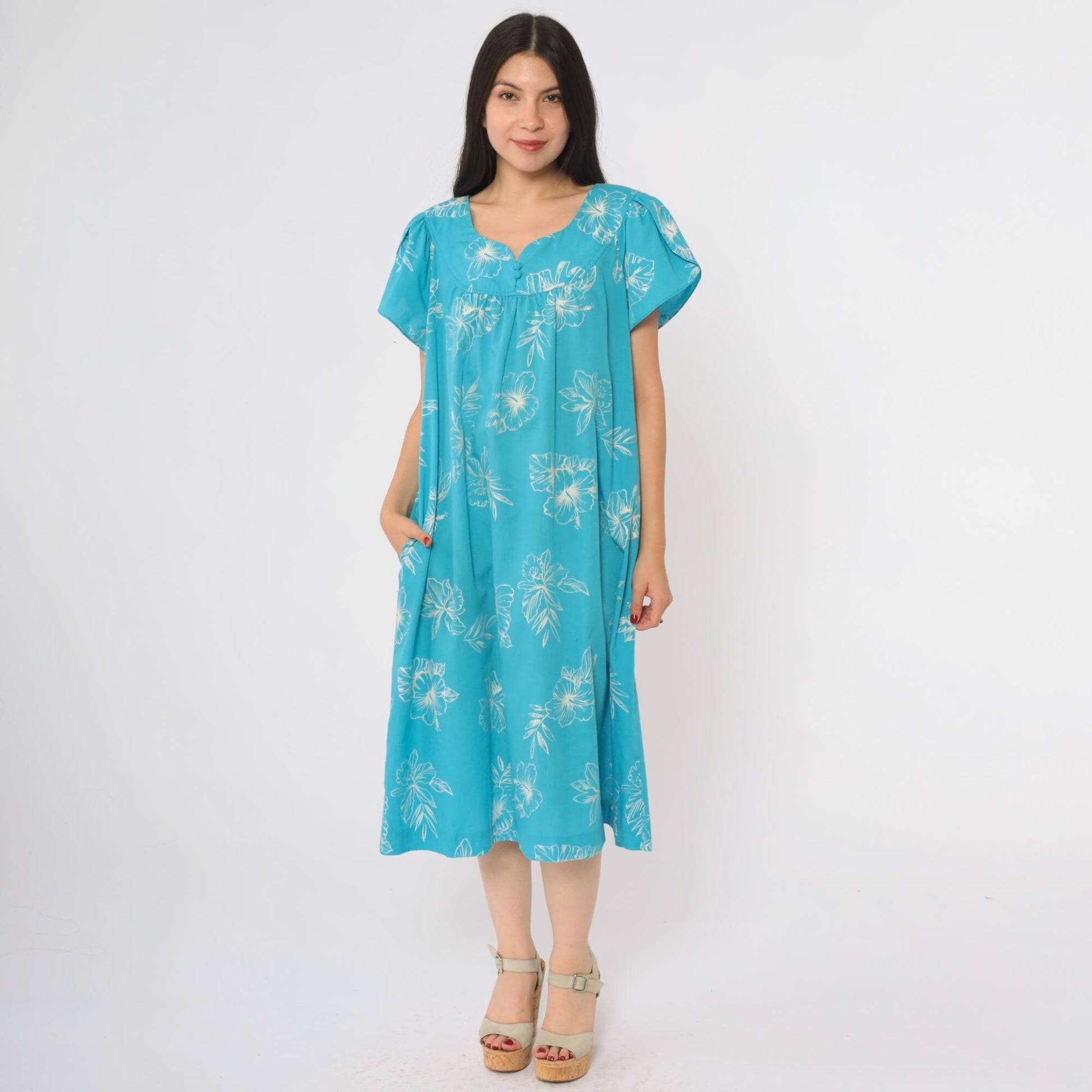 80s Turquoise Hibiscus Floral Midi Dress Scoop Neck Short Sleeve Loungewear Medium Large