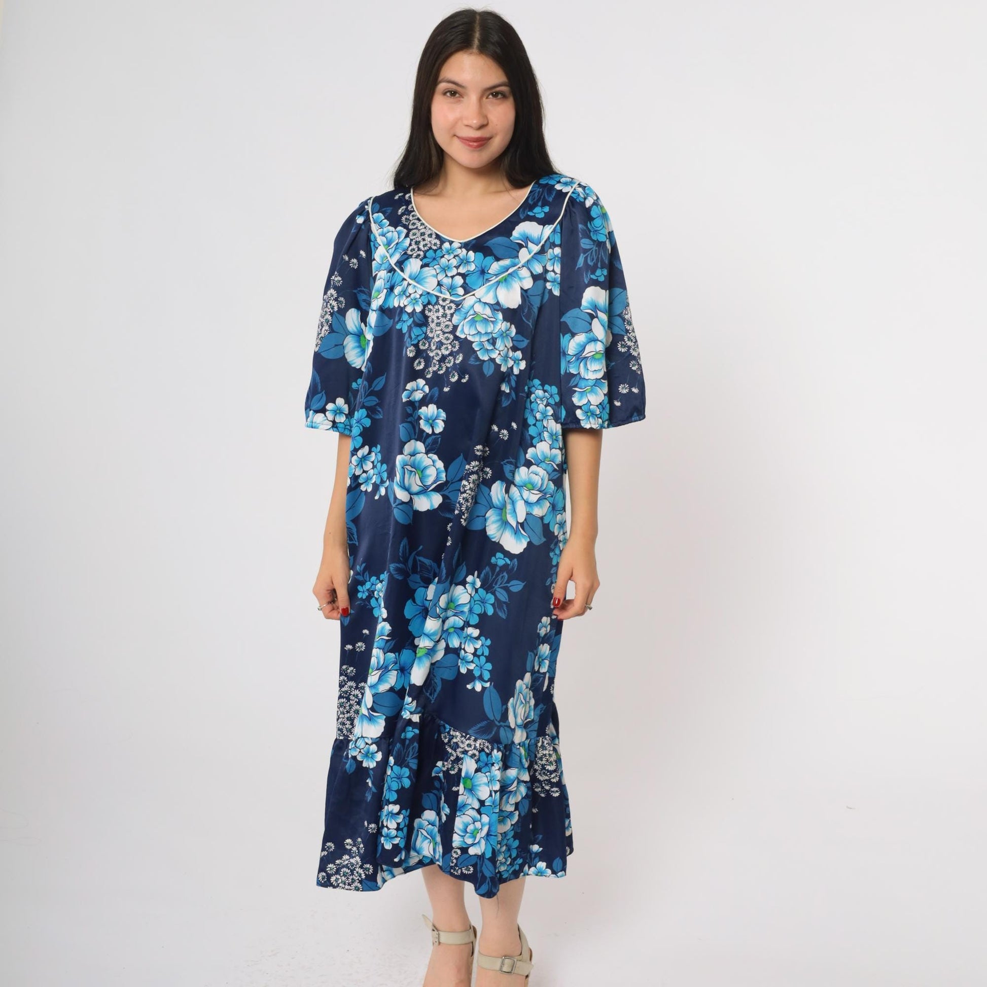 80s Hawaiian Navy Floral Dress Ruffle Hem Short Sleeve Pullover Extra Large XL