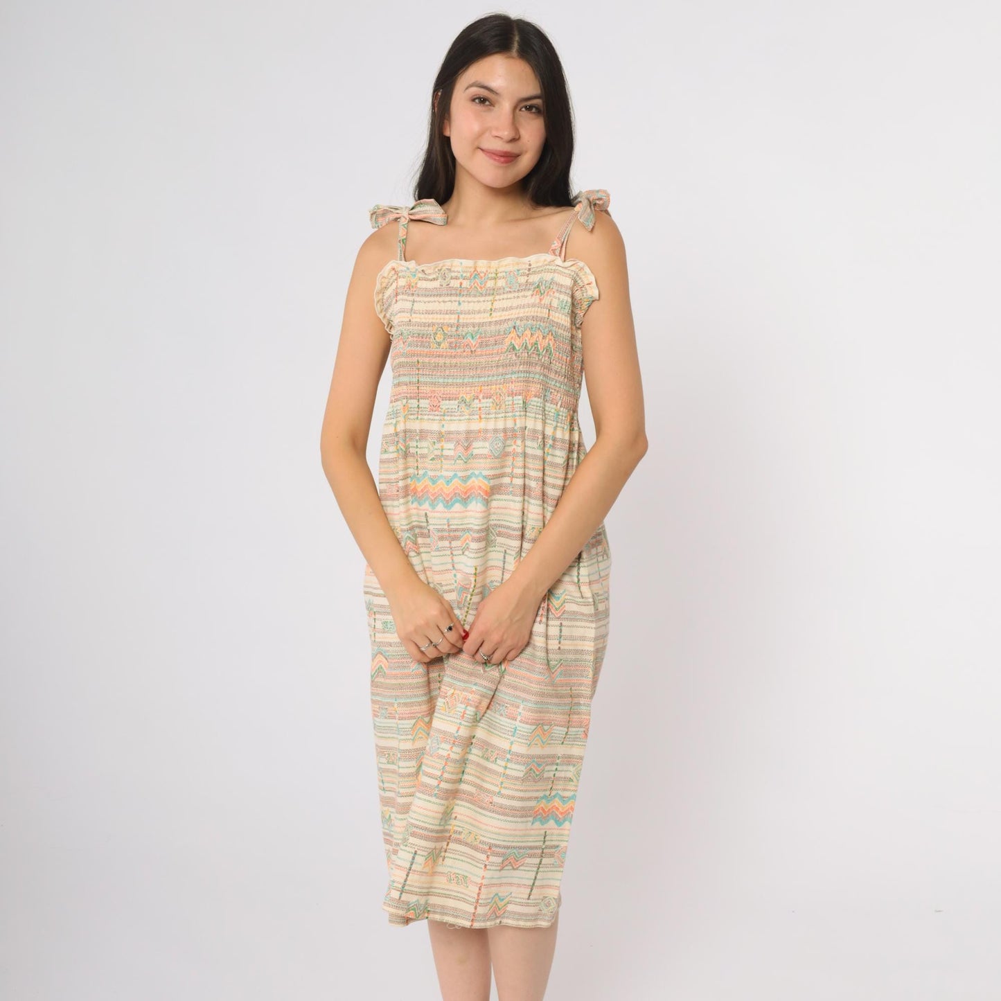 70s Cream Aztec Geometric Midi Dress Tie Shoulder Smocked Cotton Medium Large