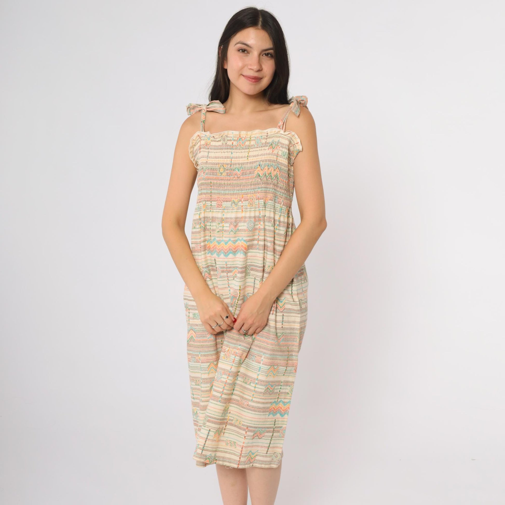 70s Cream Aztec Geometric Midi Dress Tie Shoulder Smocked Cotton Medium Large