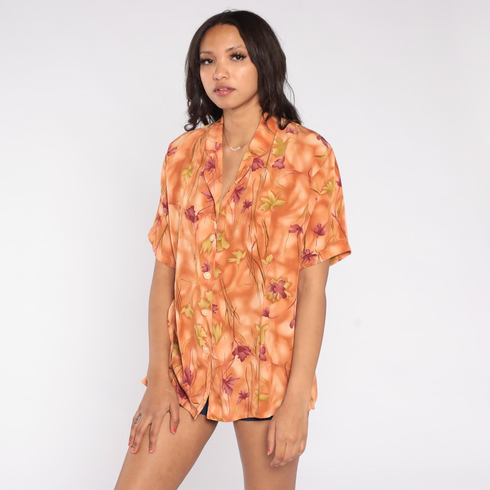 90s Orange Floral Print Blouse Rossela Button Up Short Sleeve Large L