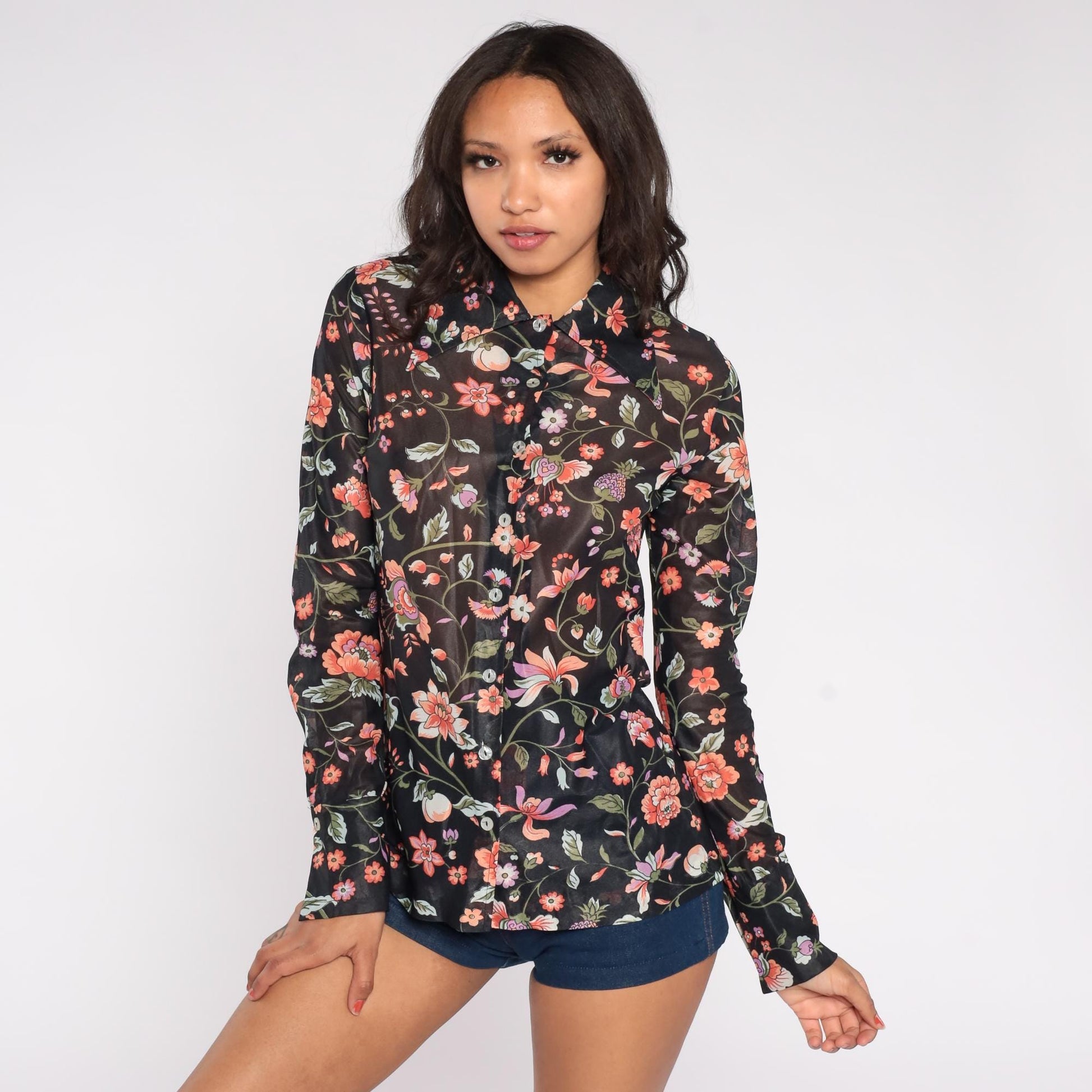 70s Rina California Black Floral Blouse Long Sleeve Botanical Print Small