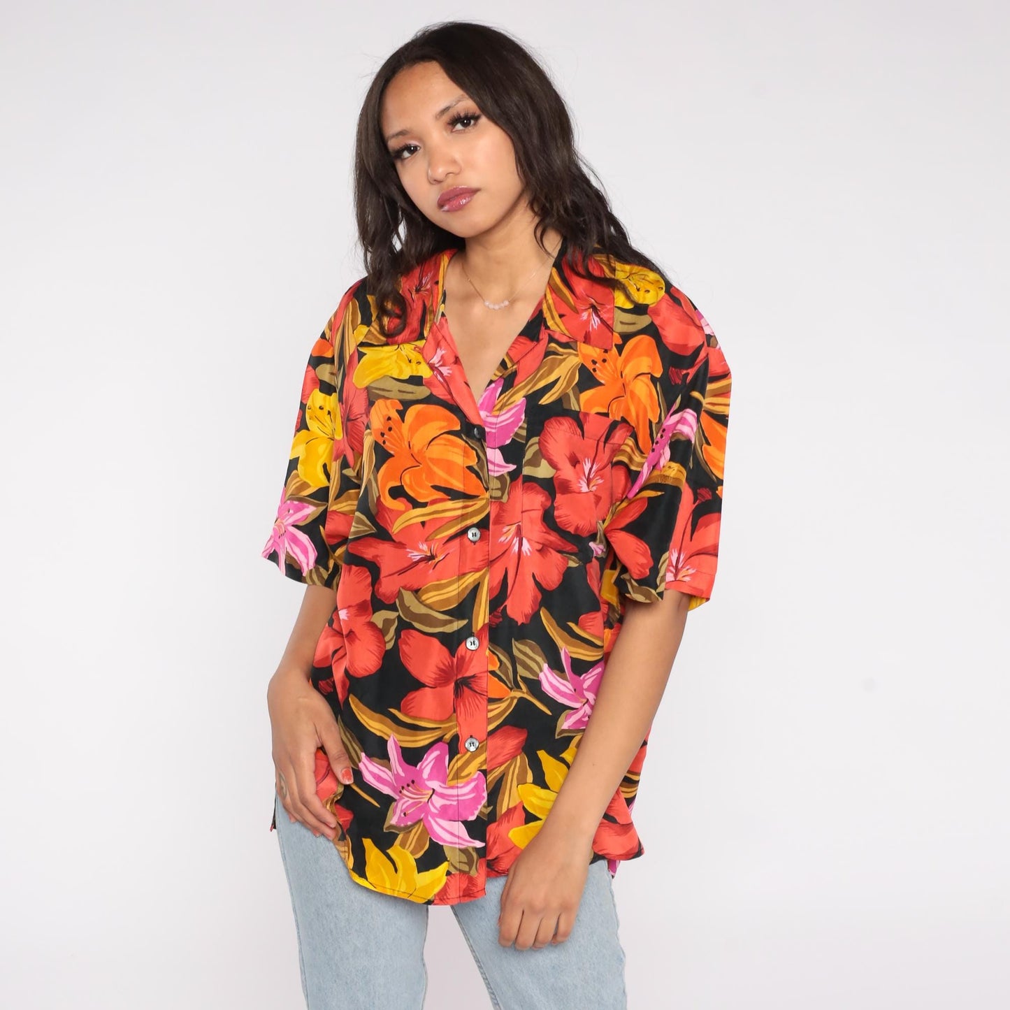 90s Partners Mervyns Hawaiian Silk Shirt Tropical Floral Camp Collar Large L