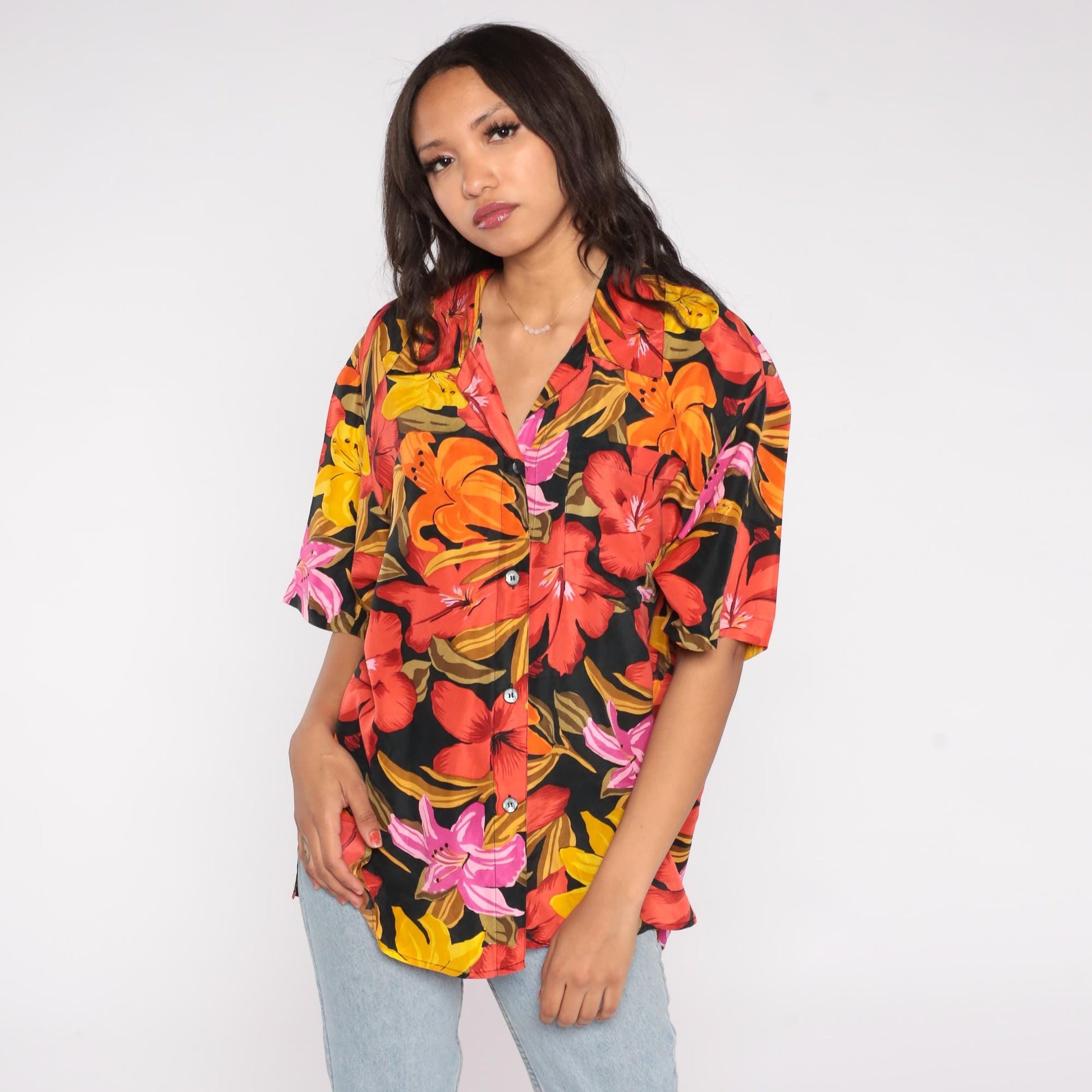 90s Partners Mervyns Hawaiian Silk Shirt Tropical Floral Camp Collar Large L