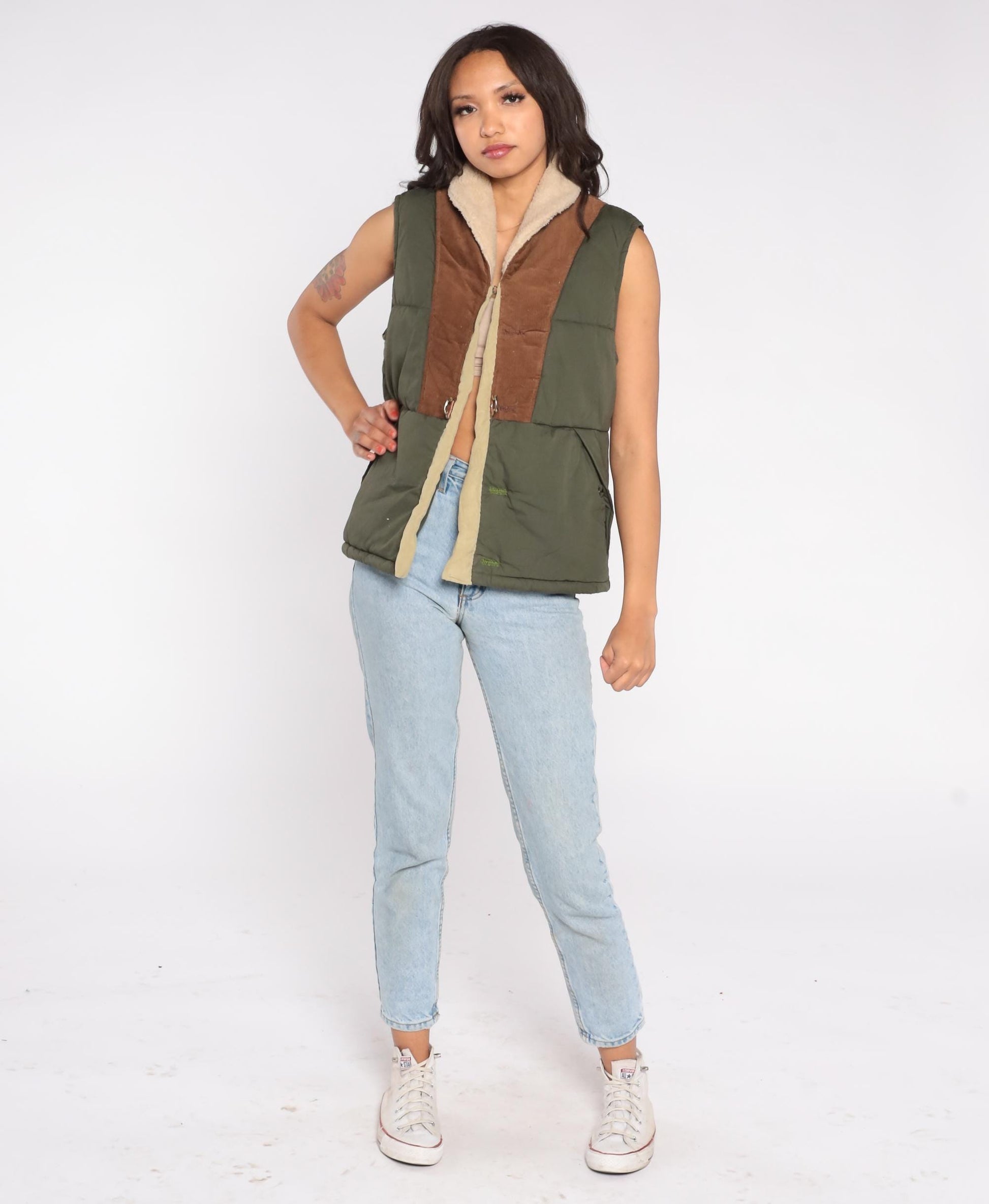 Y2K Olive Green Puffer Vest Corduroy Trim Sherpa Collar Medium M