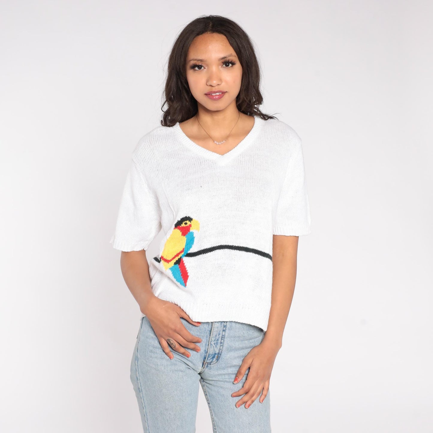 80s Country Suburbans Parrot Sweater White V-Neck Knit Extra Large XL