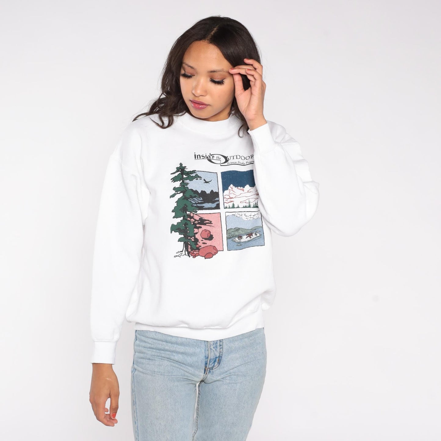 90s Inside The Outdoors Nature Graphic Sweatshirt White Crewneck Large