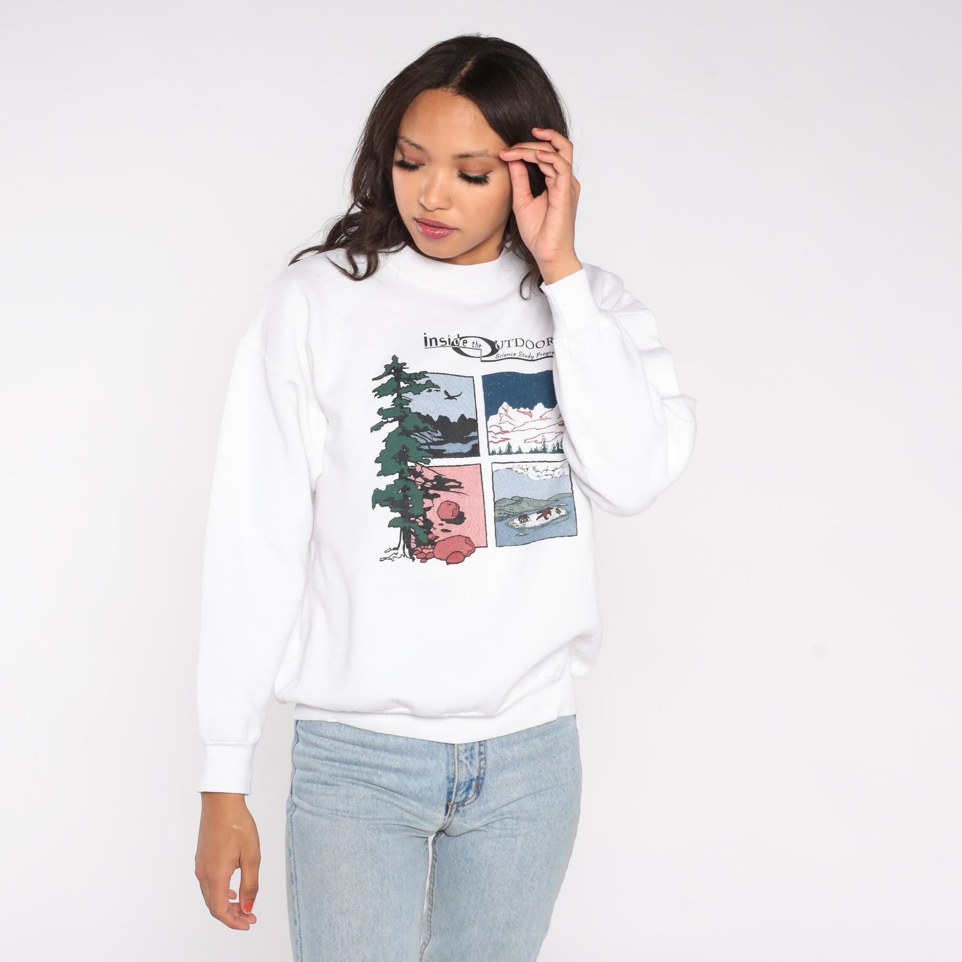 90s Inside The Outdoors Nature Graphic Sweatshirt White Crewneck Large